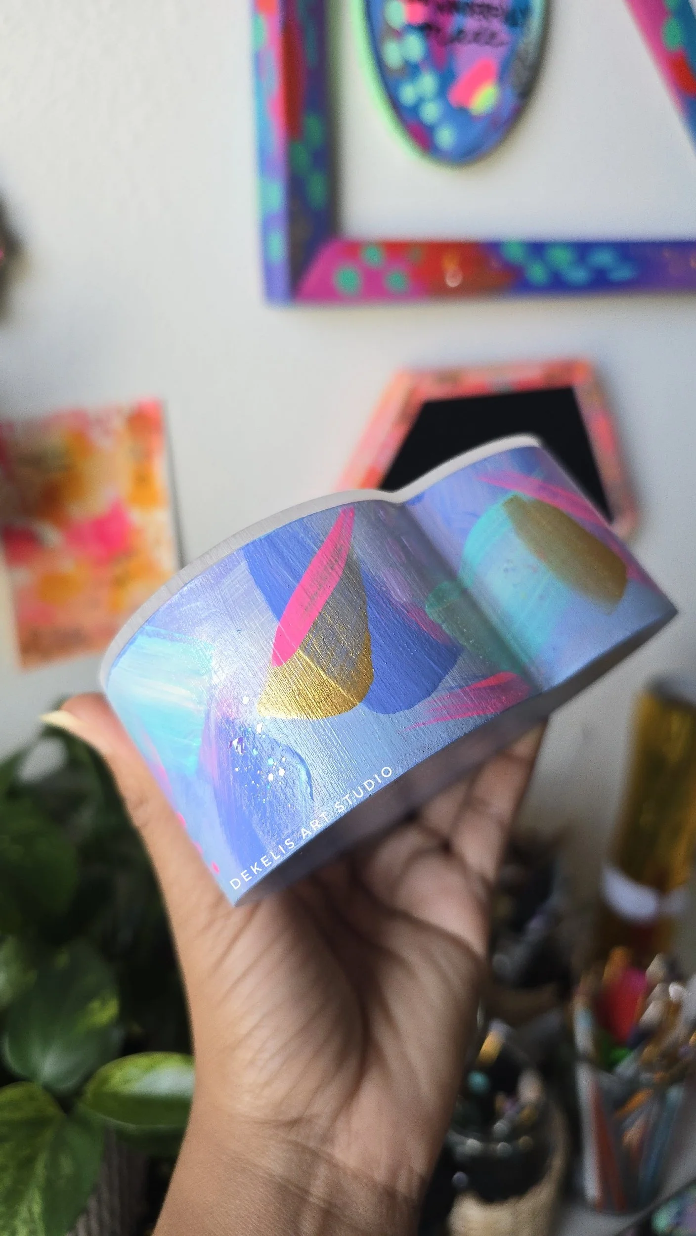 Keepsake Hand-Painted Heart Wood Box with Blue Pink Designs by DeKelis Art Studio