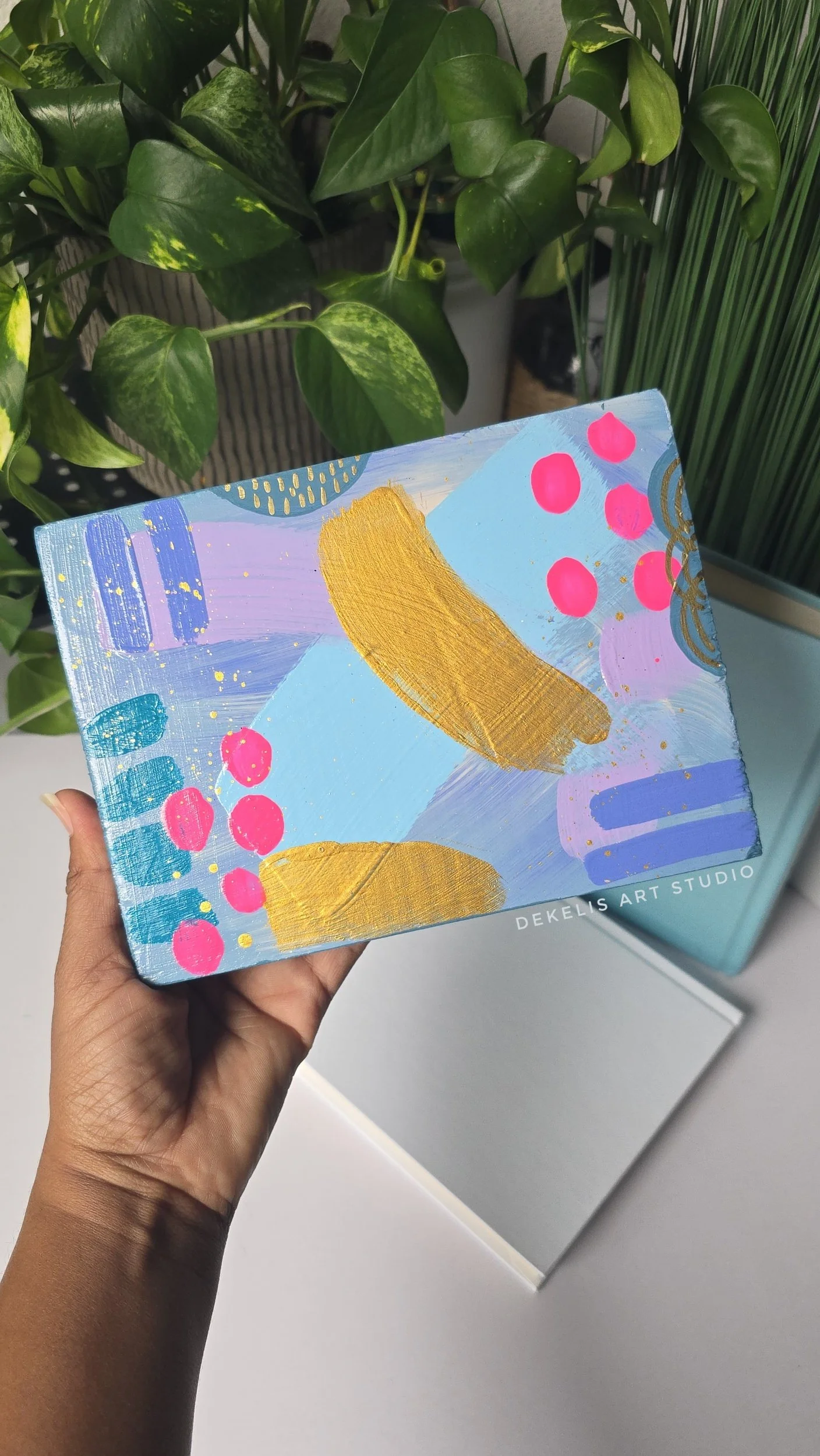 Joyful Abstract Painted Artwork on Wood Block by DeKelis Art Studio