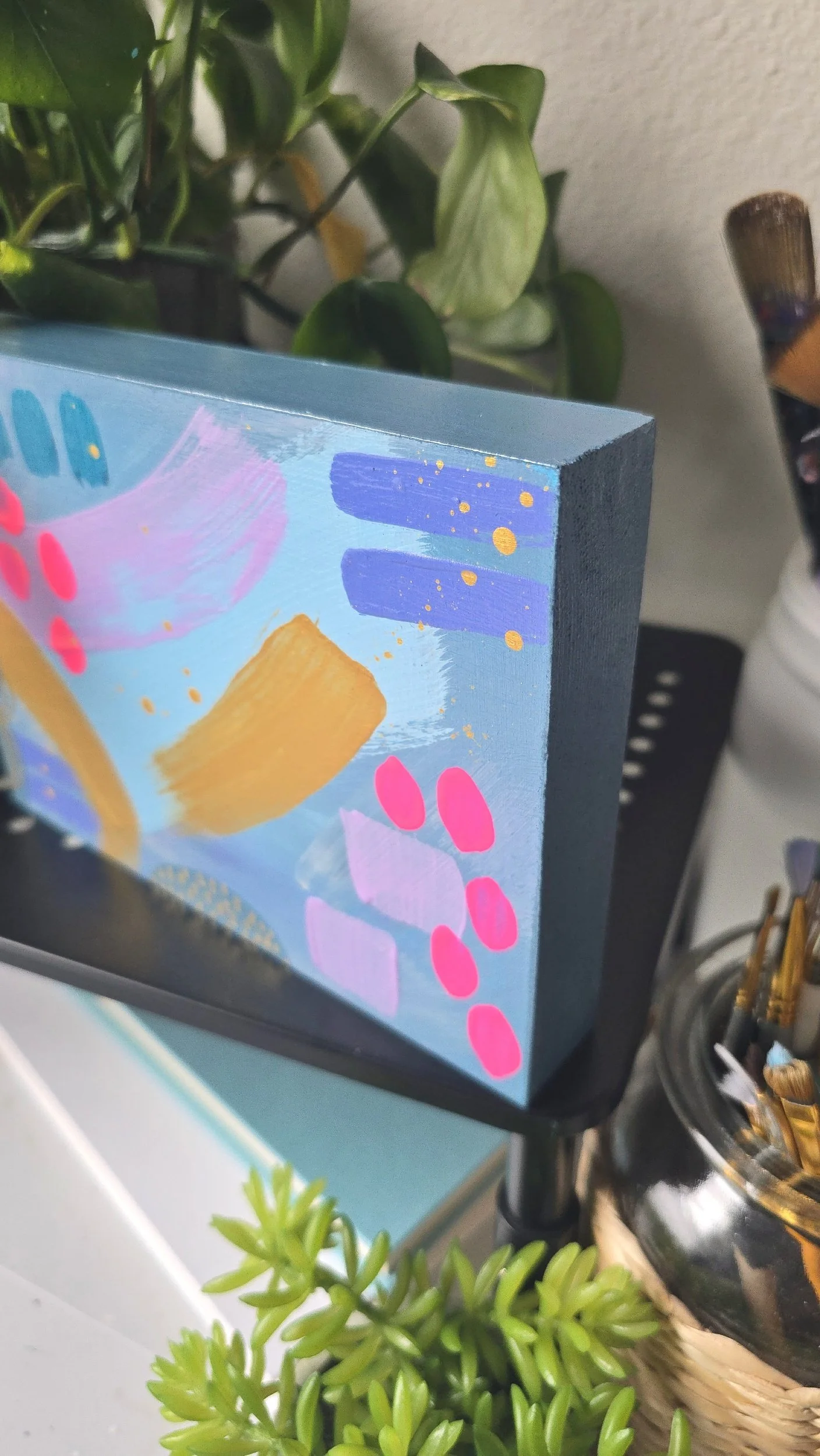 Joyful Abstract Painted Artwork on Wood Block by DeKelis Art Studio