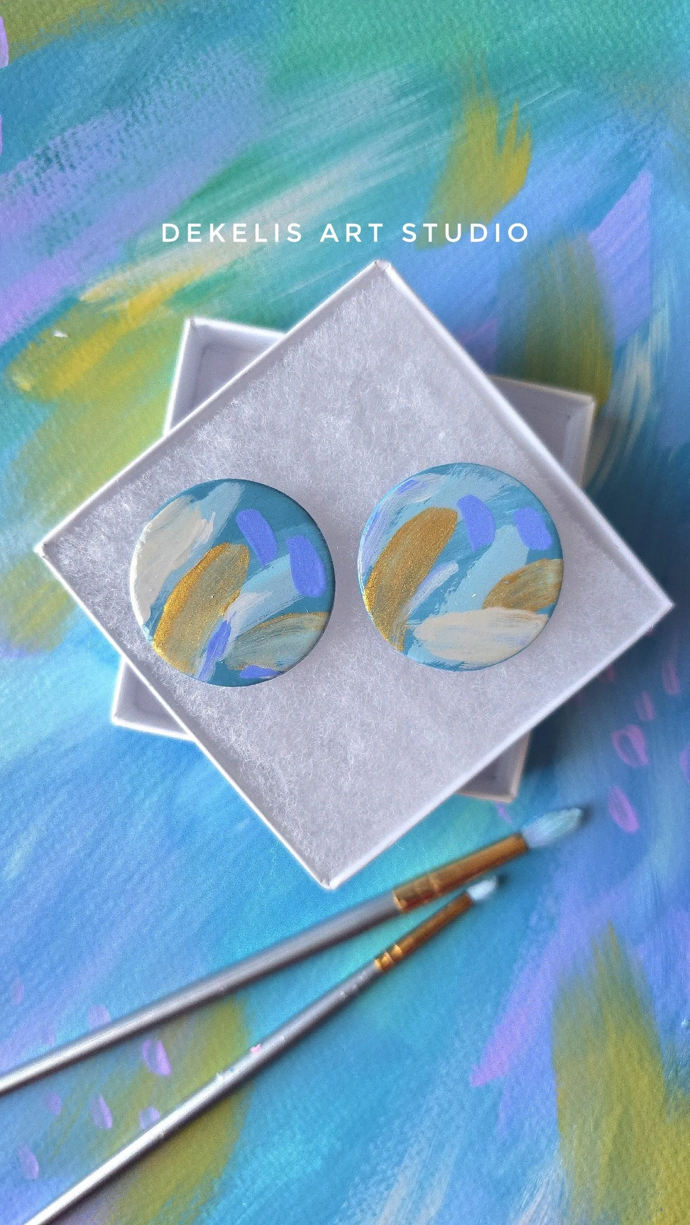 "Flourish" No. 4 - Blue and Gold Hand Painted Wooden Stud Earrings