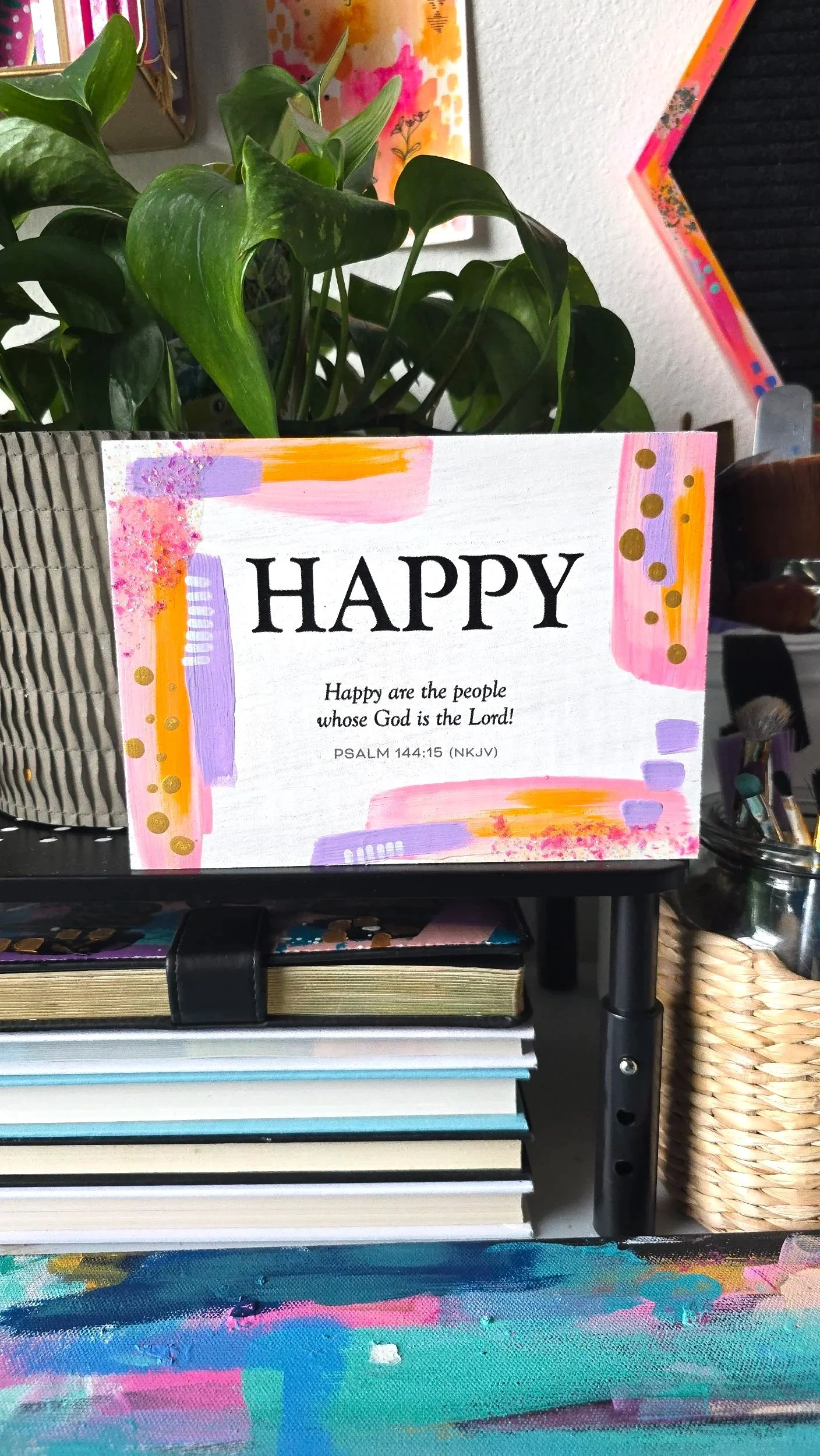 Upcycled Happy Abstract Painted Mixed Media Wood Block by DeKelis Art Studio Psalm 144:15