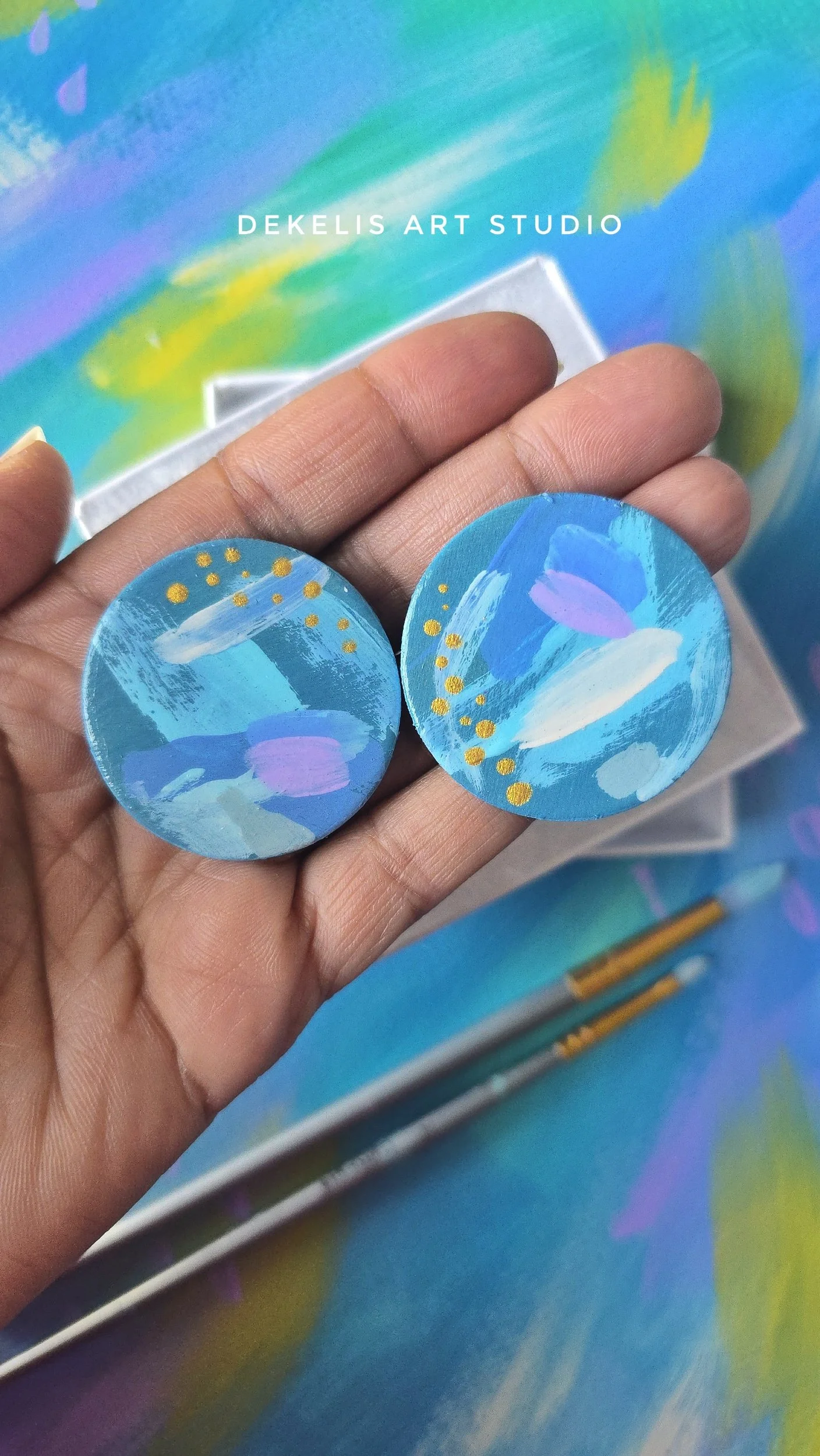 Hand‑Painted Wooden Circle Earrings — Blue, Cream, Teal, Lavender and Metallic Gold