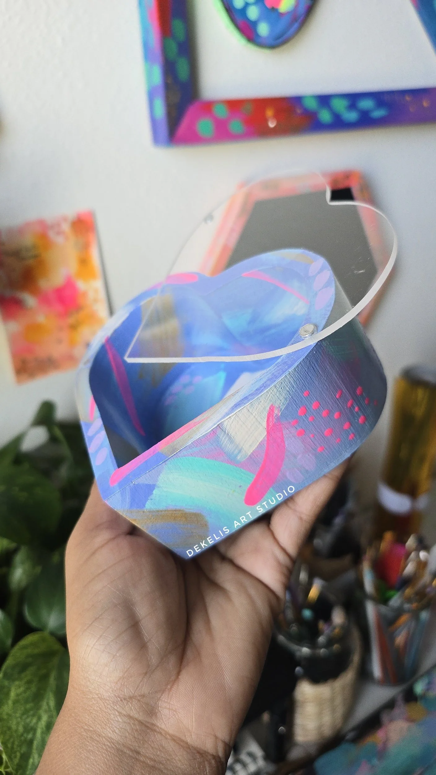 Keepsake Hand-Painted Heart Wood Box with Blue Pink Designs by DeKelis Art Studio