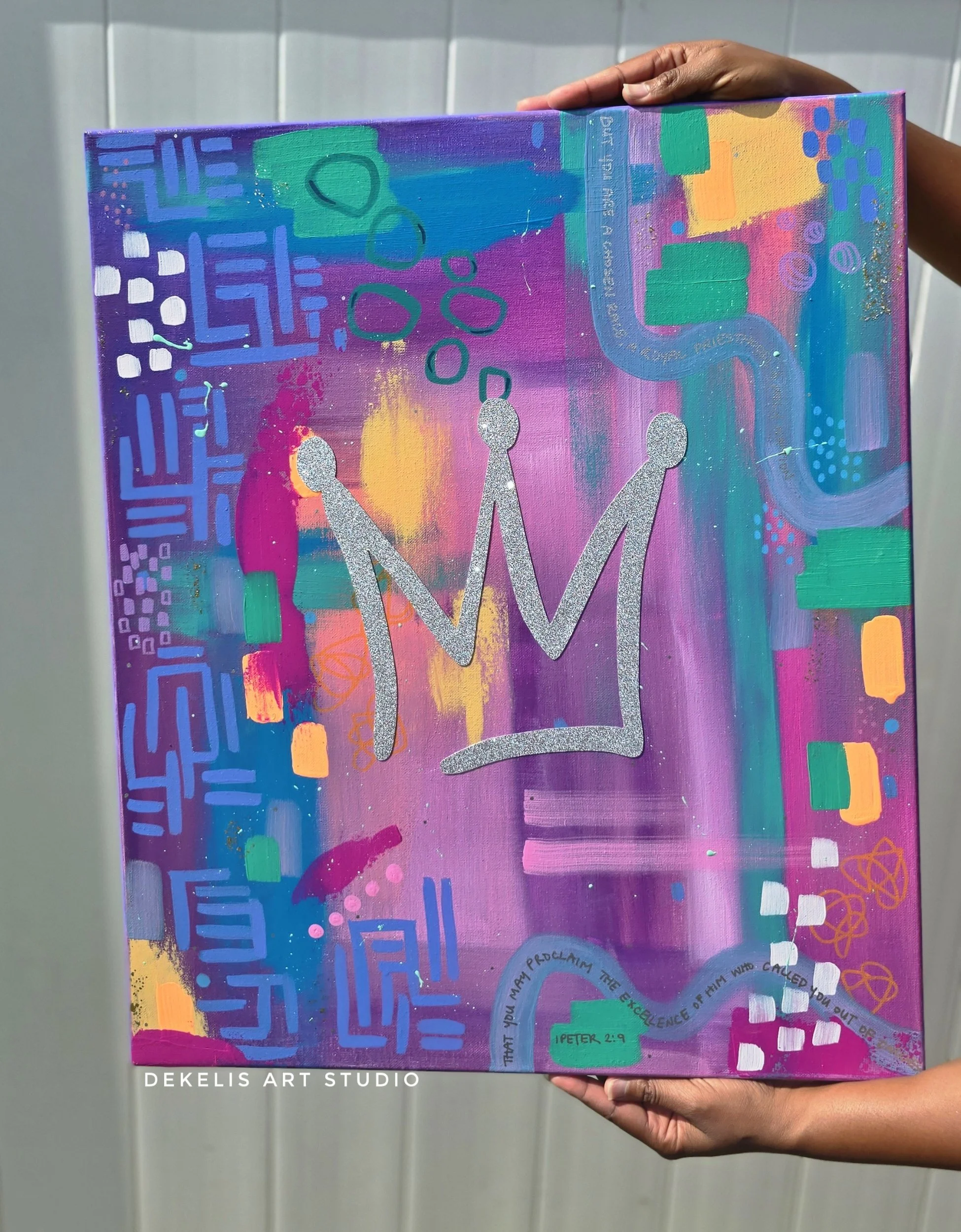 1 Peter 2:9 Crown Bible Verse Painting for Women and Teen Girls Bedroom or Inspirational Dorm Room Art for Christians. Painting in shades of purple, pink, blue, green, teal, yellow and silver.