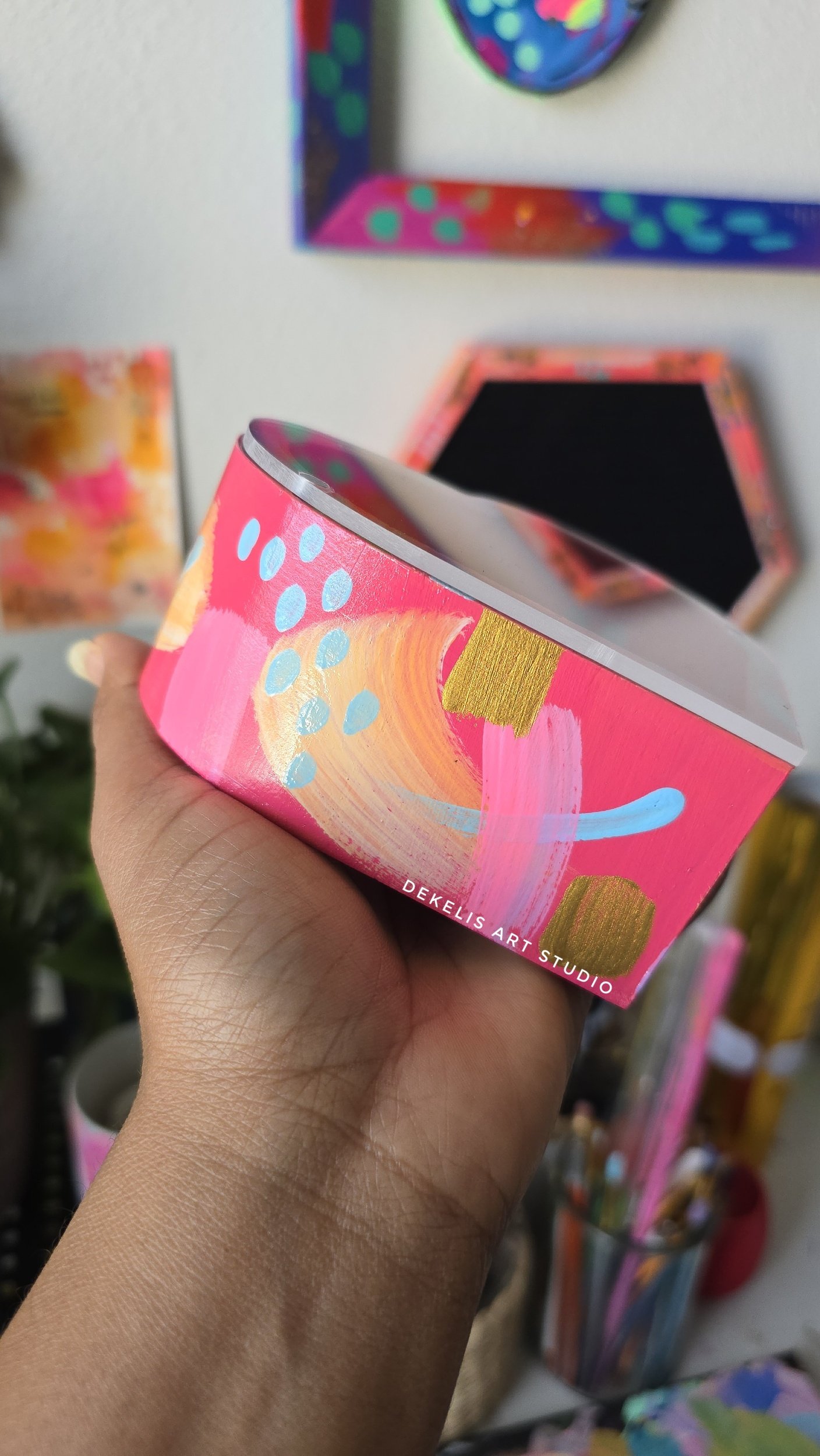 Keepsake Hand-Painted Heart Wood Box with Pink Designs by DeKelis Art Studio