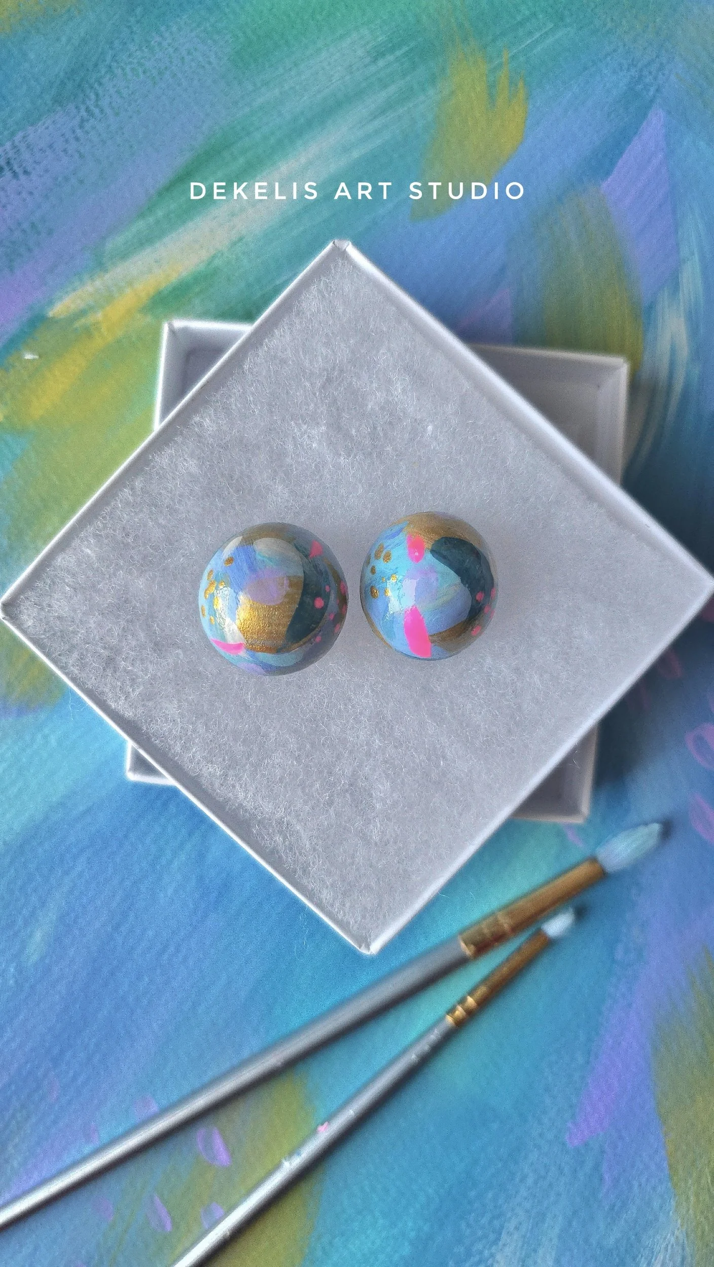 "Flourish" No. 7 - Blue and Gold Hand Painted Wooden Stud Earrings