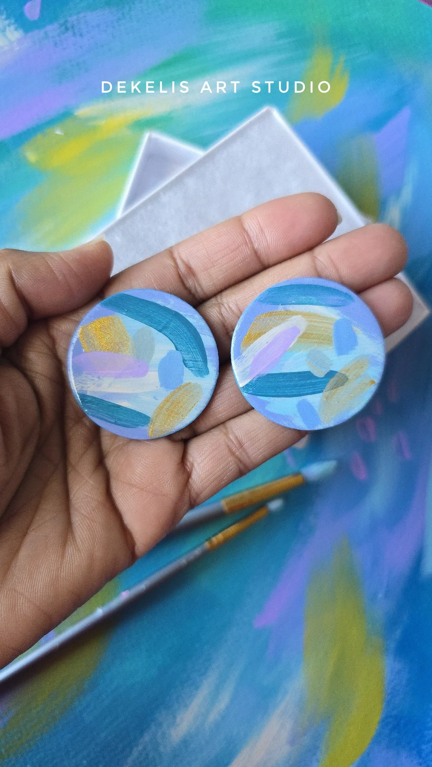 Hand‑Painted Wooden Circle Earrings — Blue, Cream, Teal, Lavender and Metallic Gold by DeKelis Art Studio