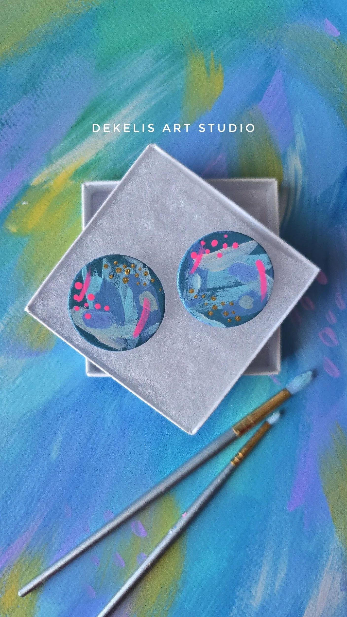 "Flourish" No. 6 - Blue and Gold Hand Painted Wooden Stud Earrings