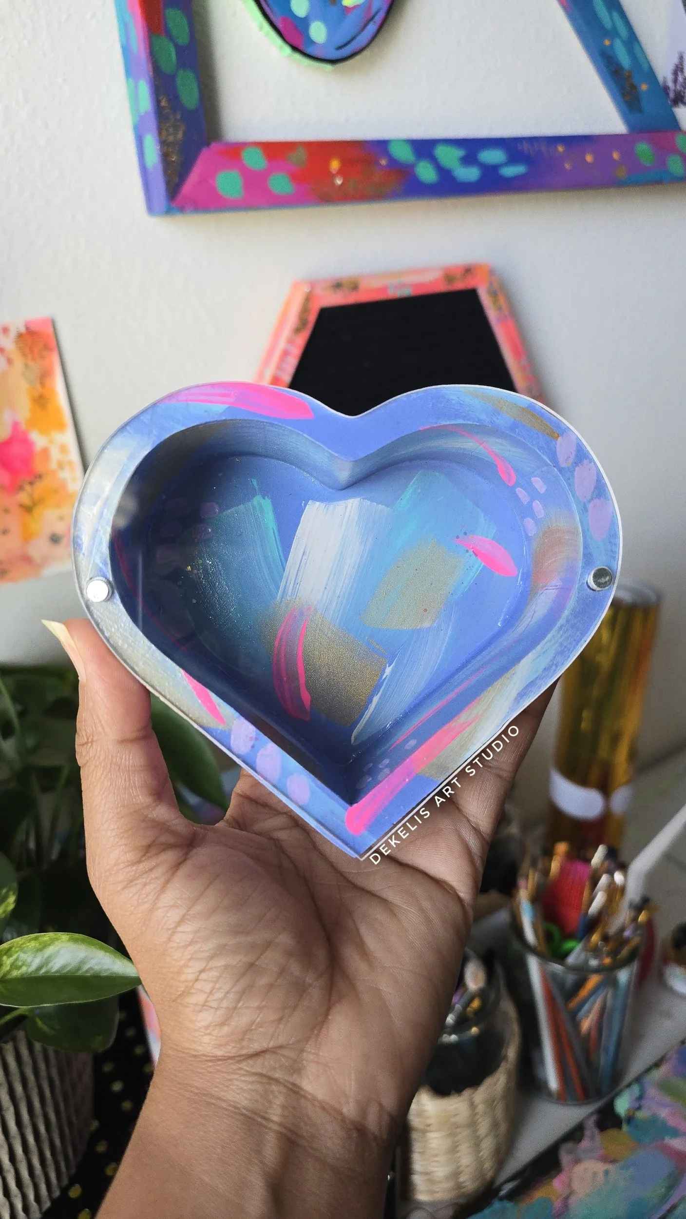Keepsake Hand-Painted Heart Wood Box with Blue Pink Designs by DeKelis Art Studio