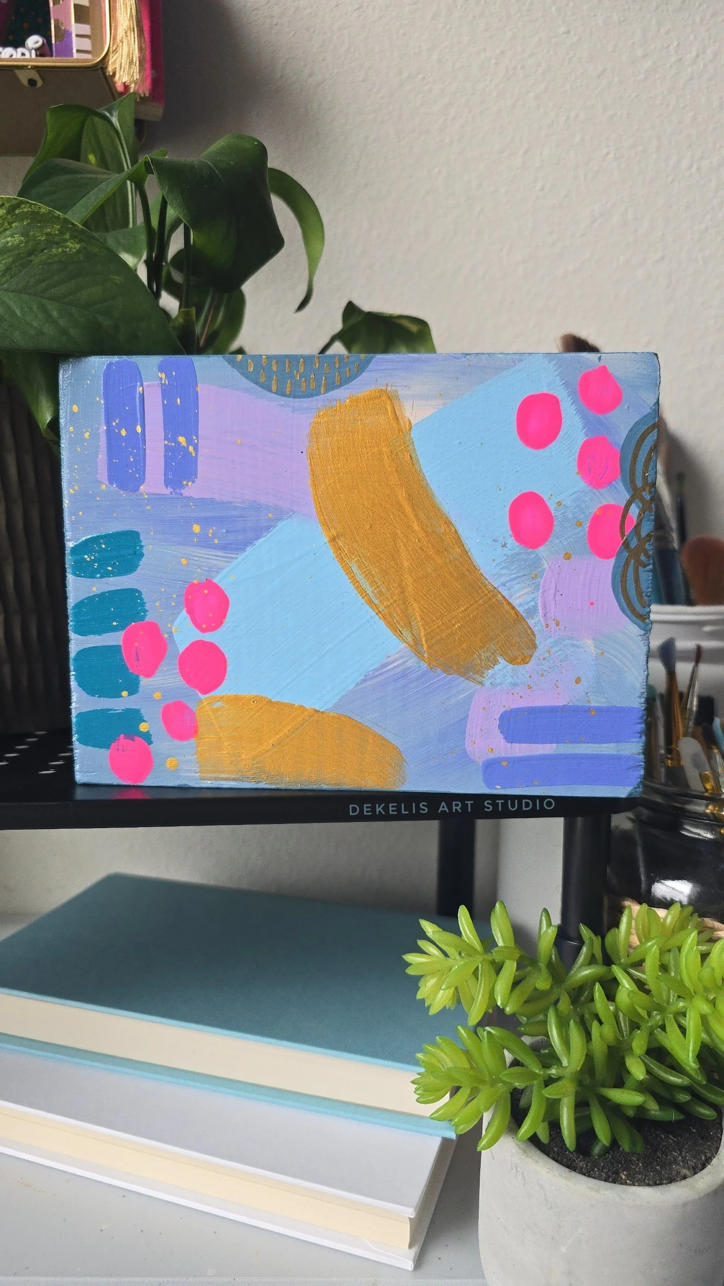 Joyful Abstract Painted Artwork on Wood Block by DeKelis Art Studio