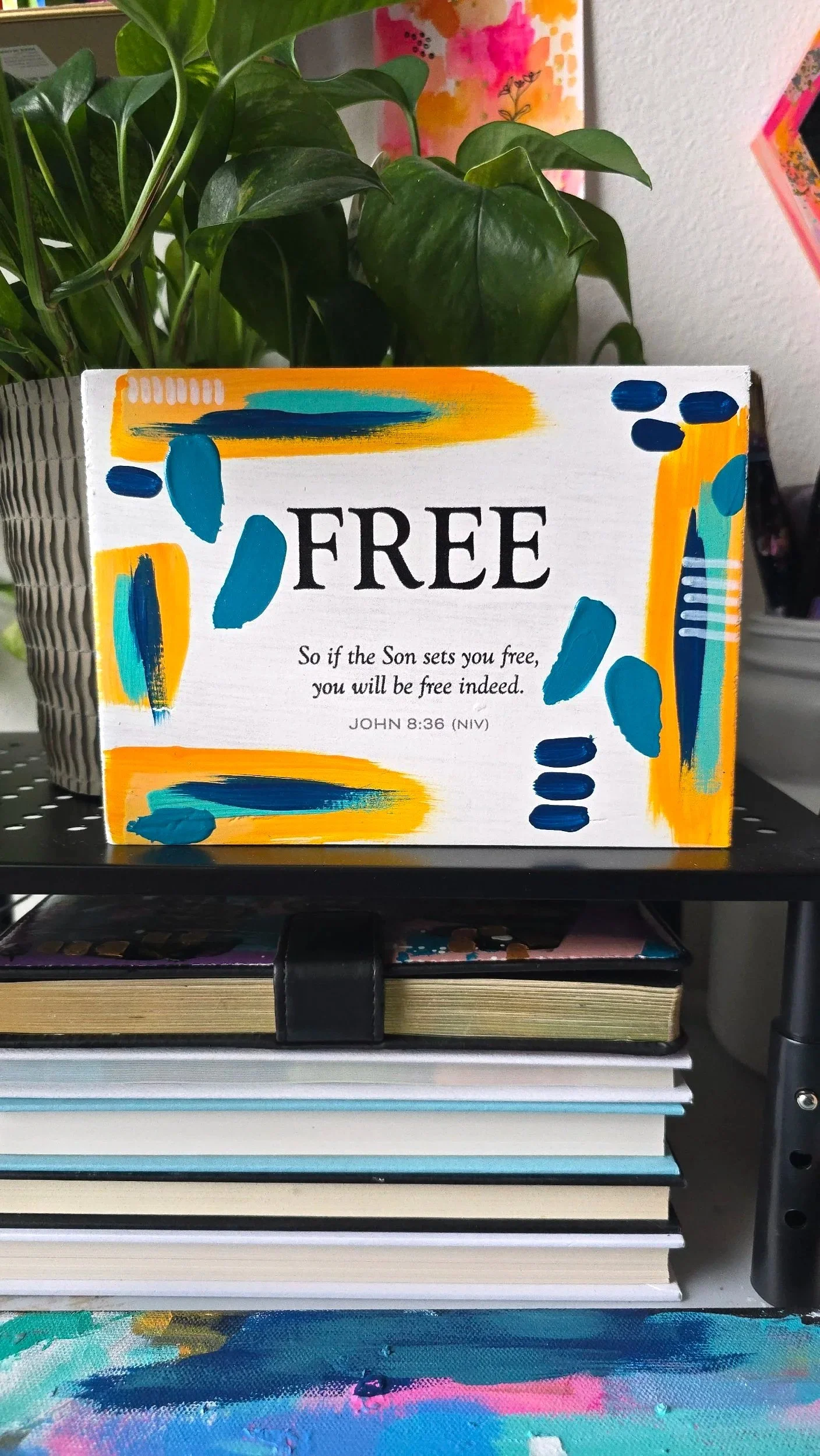 Free Upcycled Hand Painted Wood Block Bible Verse John 8:36 DeKelis Art Studio