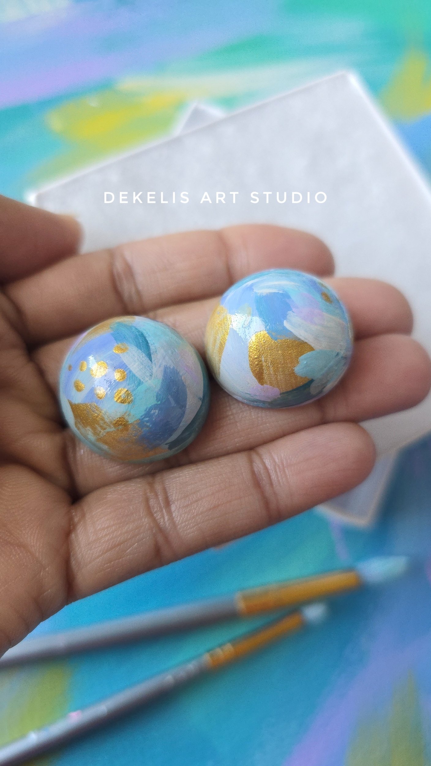 Hand‑Painted Wooden Dome Earrings — Blue, Cream, Teal, Lavender and Metallic Gold
