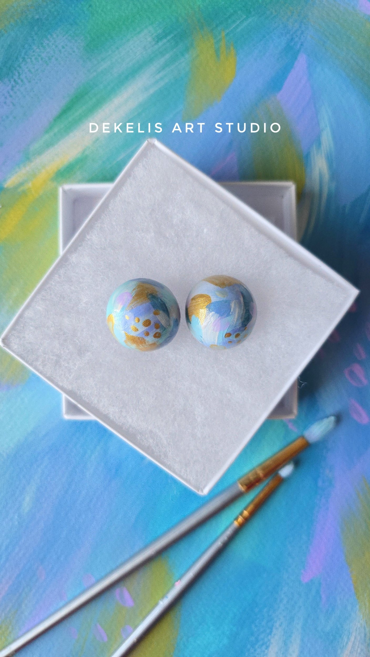 "Flourish" No. 9 - Blue and Gold Hand Painted Wooden Stud Earrings