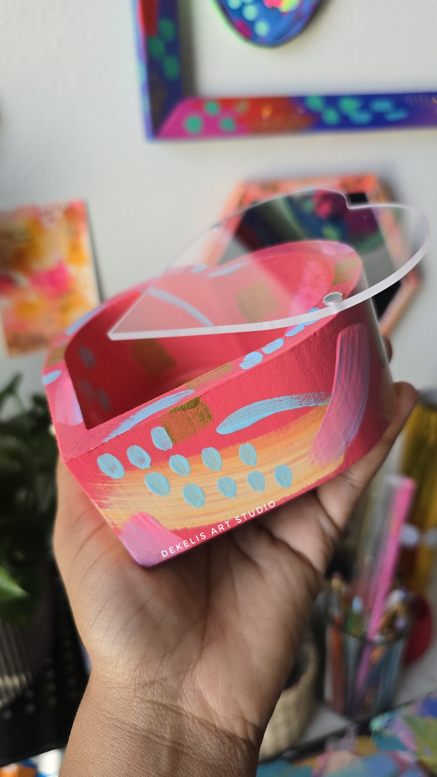 Keepsake Hand-Painted Heart Wood Box with Pink Designs by DeKelis Art Studio