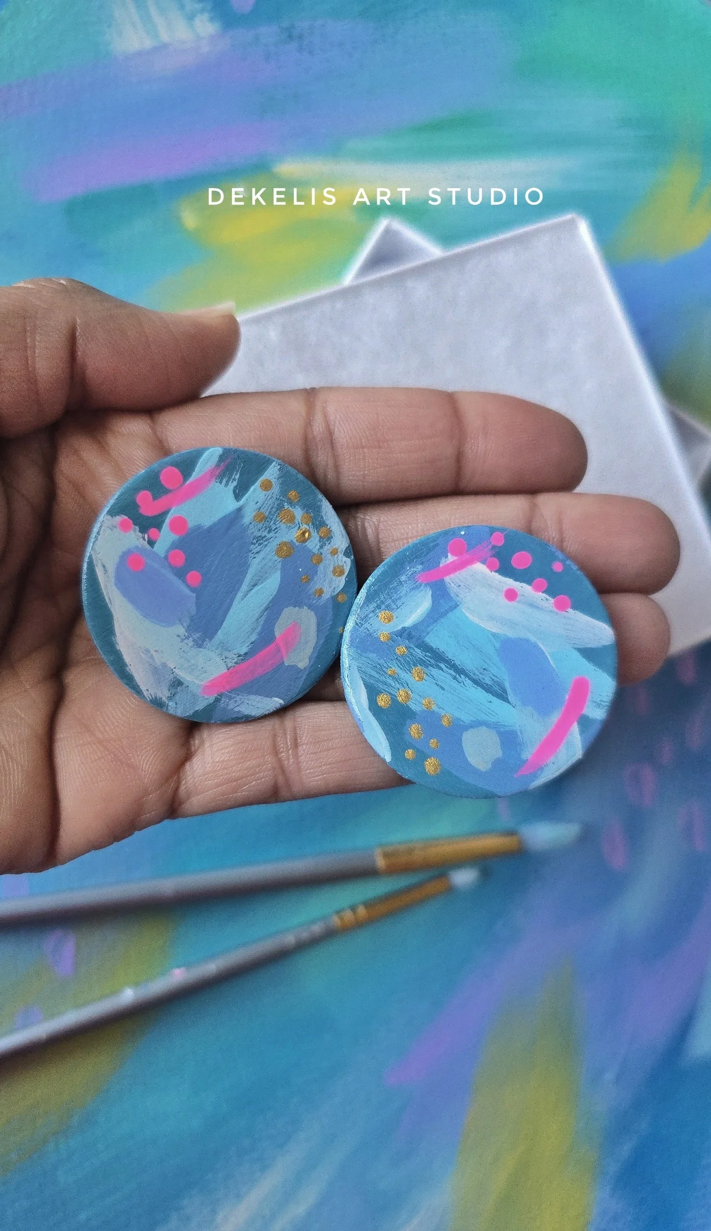 Hand‑Painted Wooden Circle Earrings — Blue, Cream, Teal, Periwinkle, Electric Pink and Metallic Gold by DeKelis Art Studio