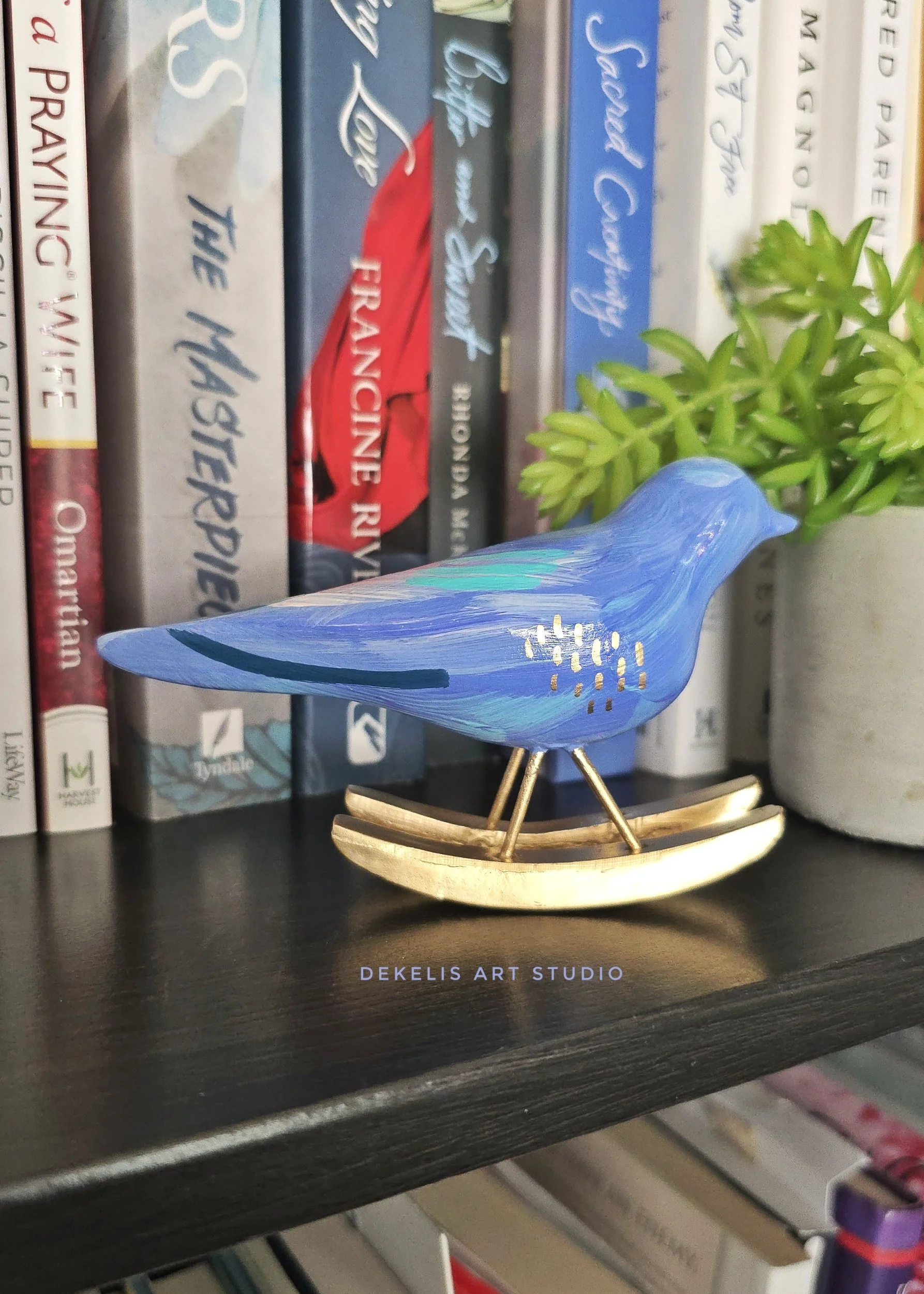 Blue Abstract Little Blue Bird Wood Figurine on a Gold Rocker by DeKelis Art Studio