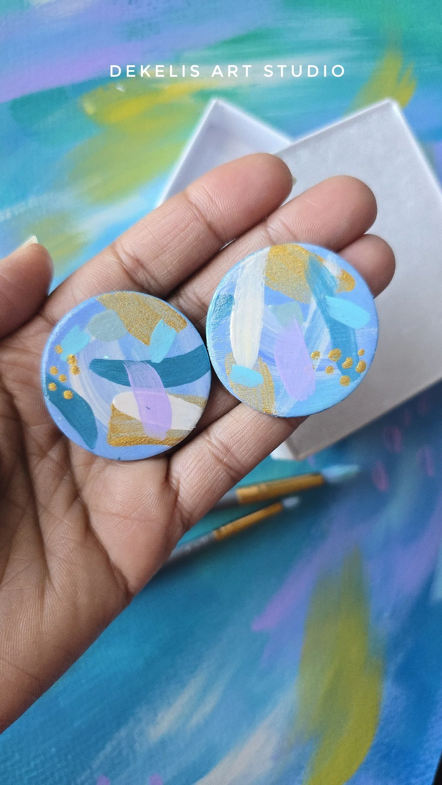 Hand‑Painted Wooden Circle Earrings — Blue, Cream, Teal, Lavender and Metallic Gold