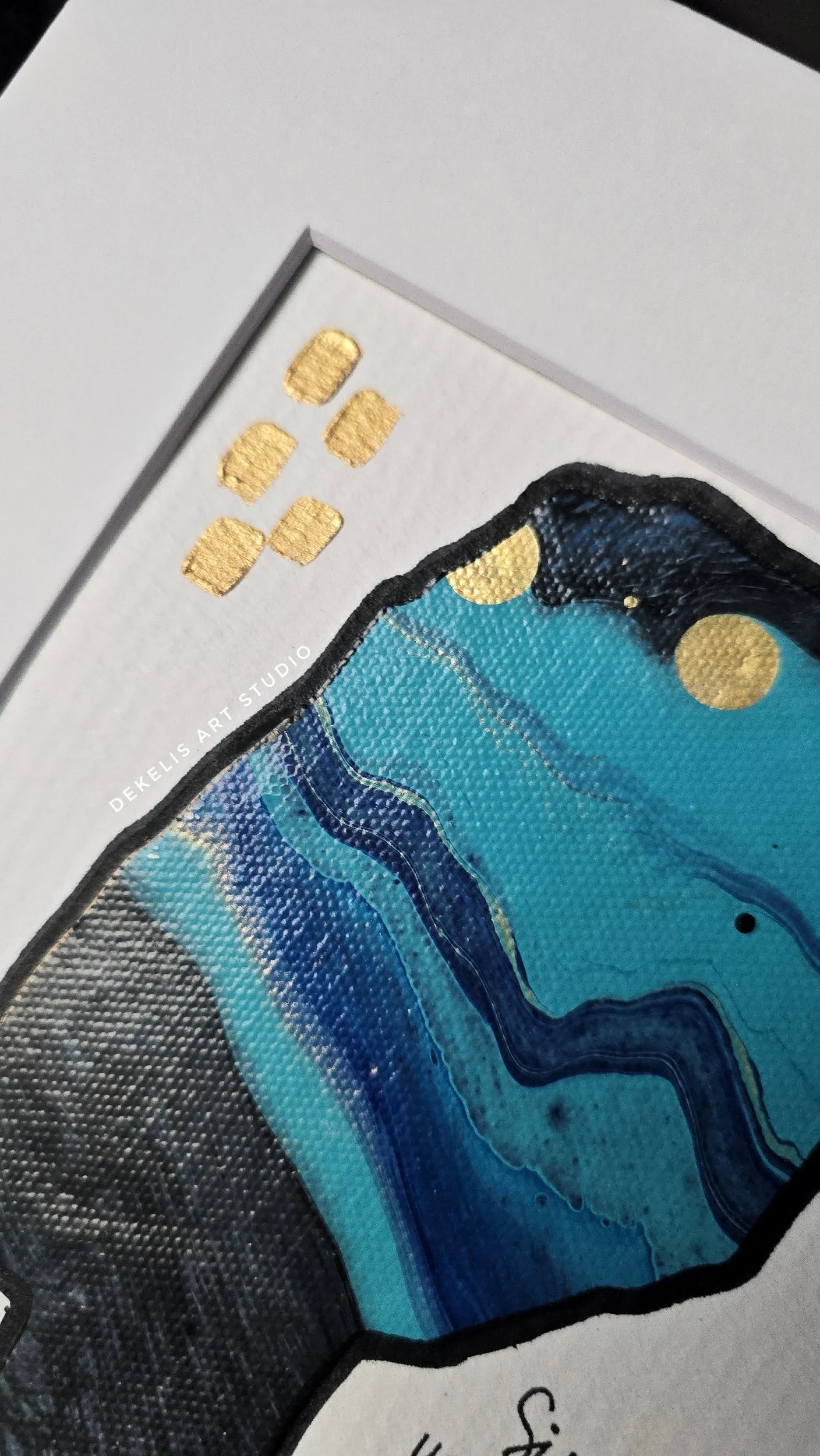 “Royale Noire Belle 3” is a marbled, hand-painted, abstract artwork on a 5” x 7” x watercolor paper. 