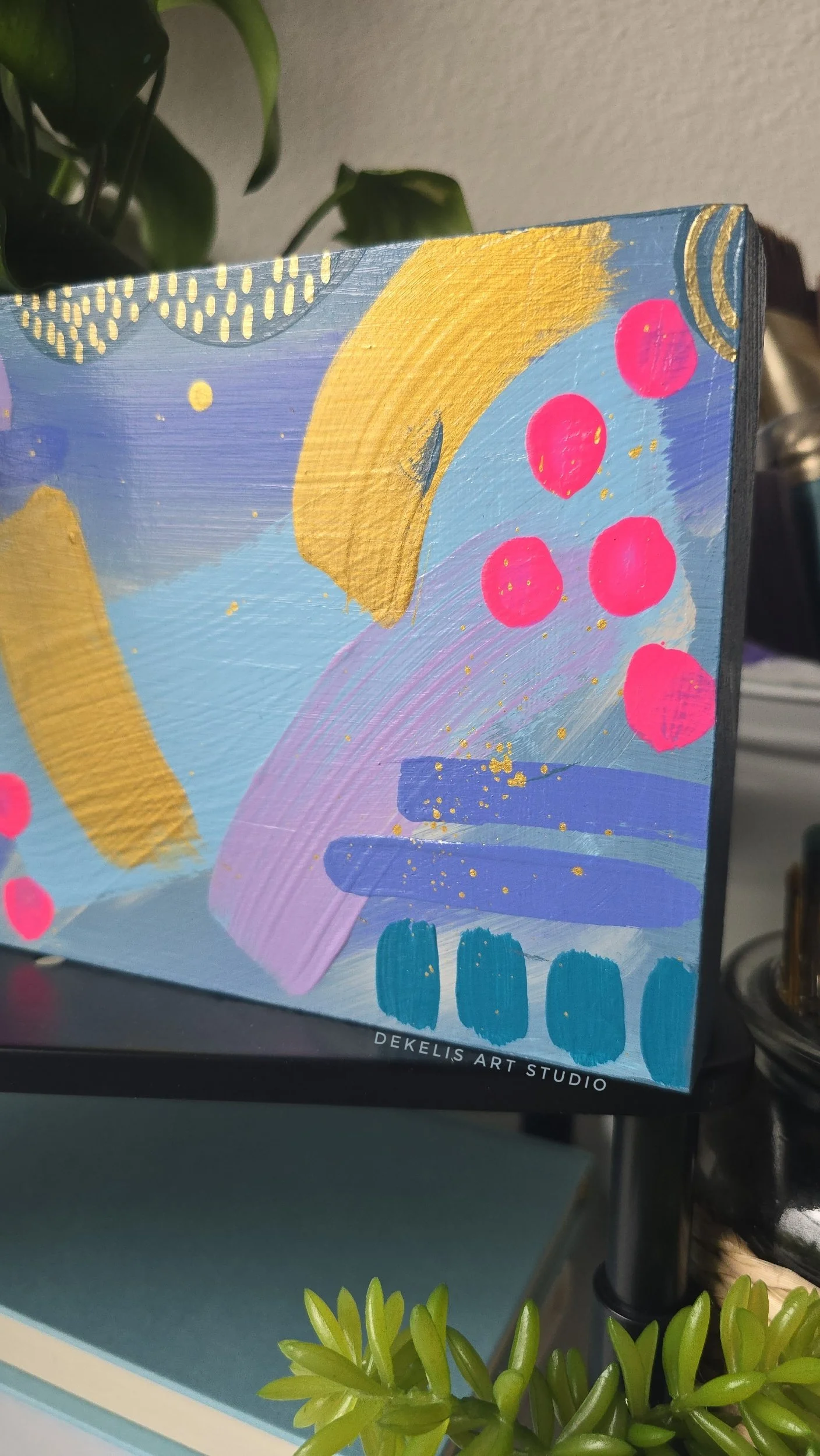 Joyful Abstract Painted Artwork on Wood Block by DeKelis Art Studio