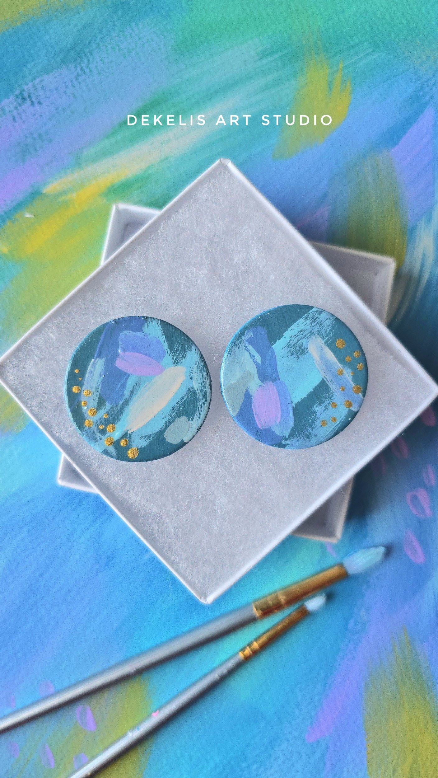"Flourish" No. 5 - Blue and Gold Hand Painted Wooden Stud Earrings