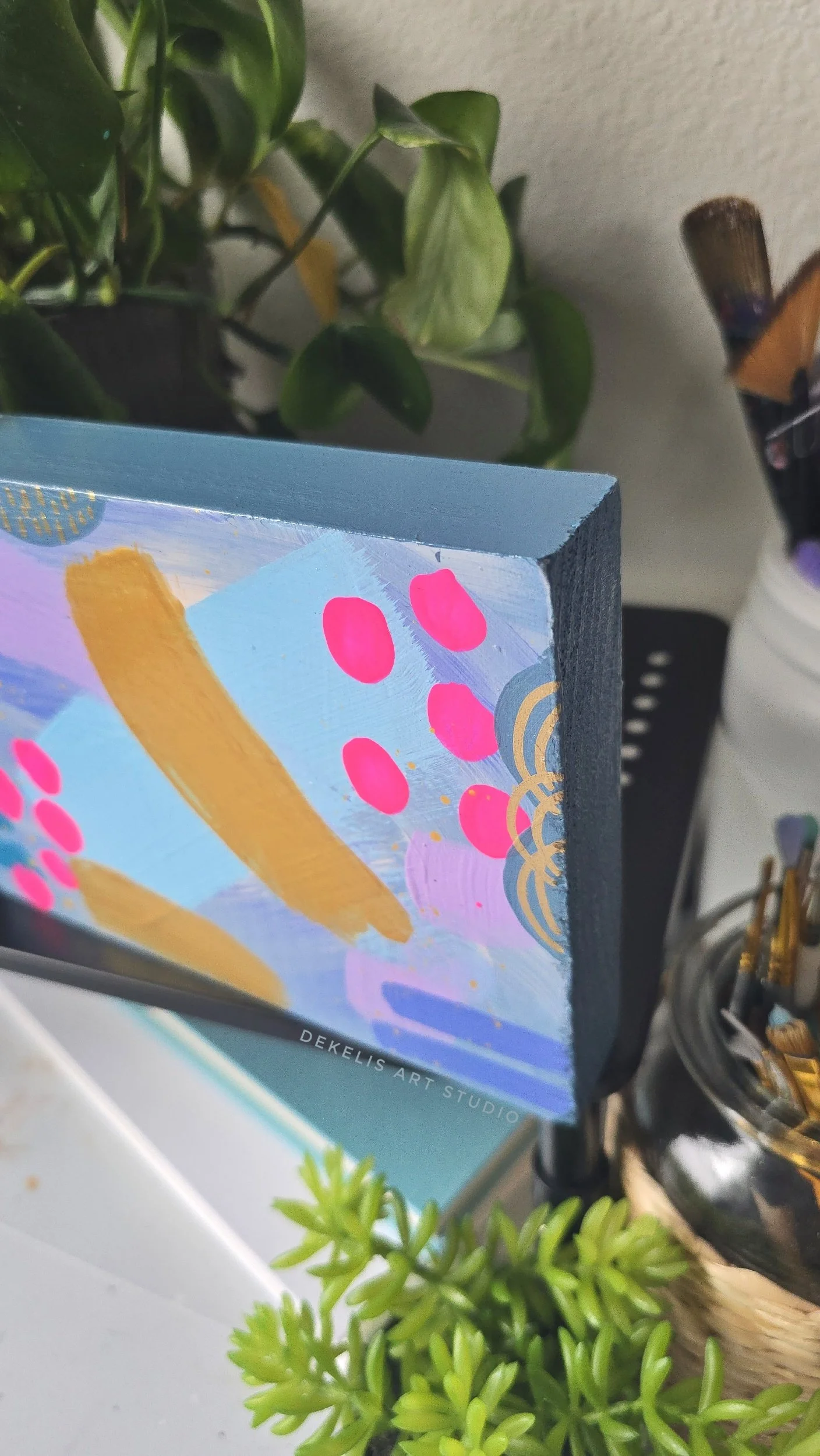 Joyful Abstract Painted Artwork on Wood Block by DeKelis Art Studio