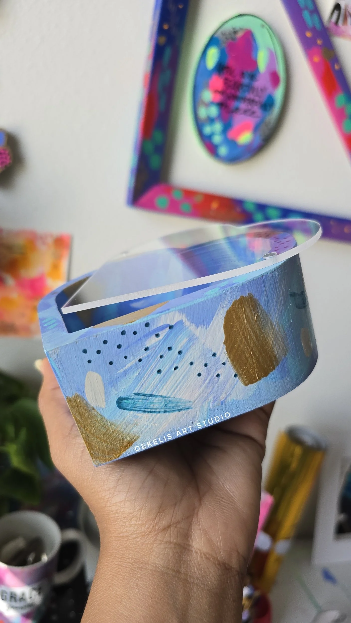 Keepsake Hand-Painted Heart Wood Box with Blue Gold Designs by DeKelis Art Studio