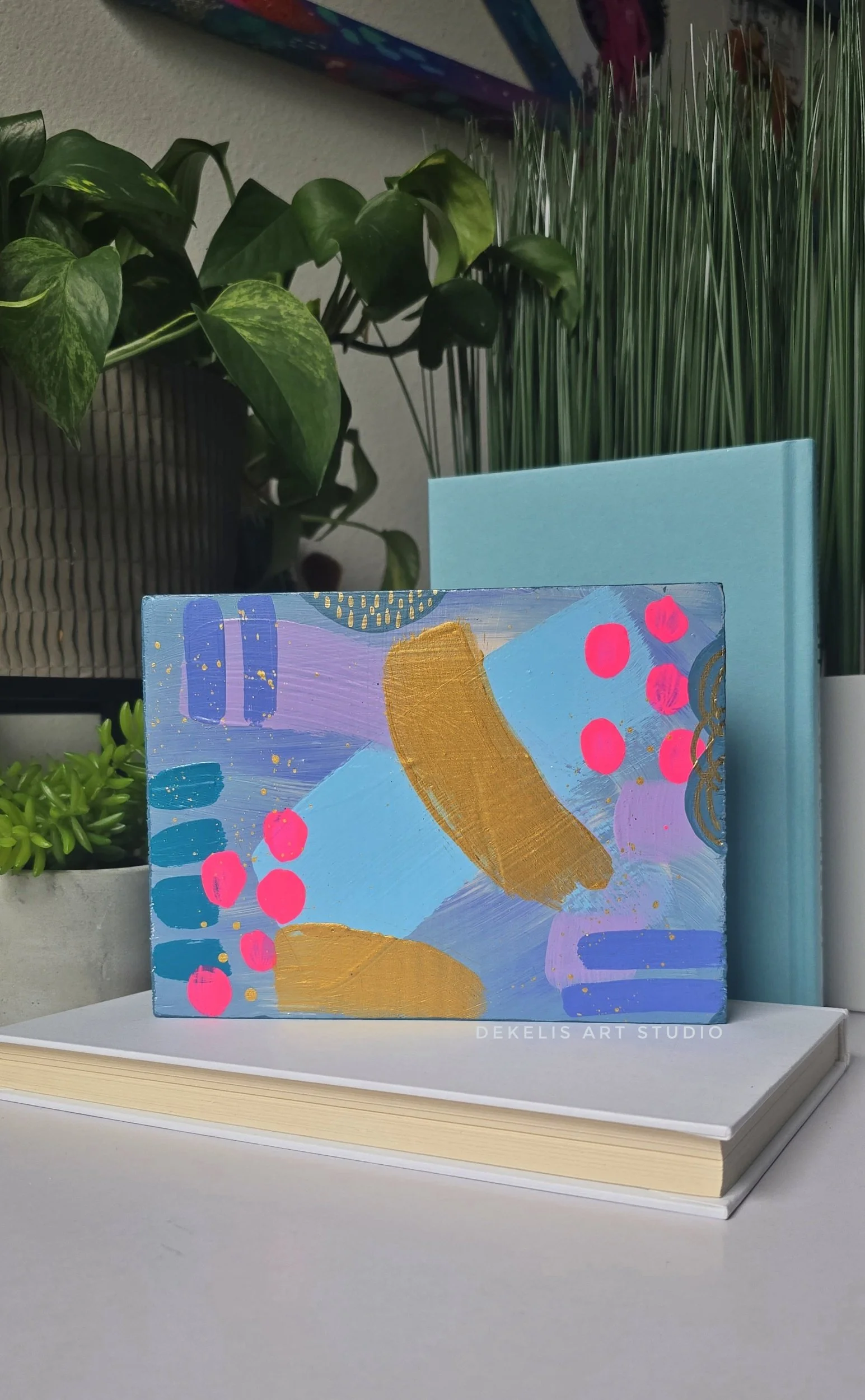Joyful Abstract Painted Artwork on Wood Block by DeKelis Art Studio