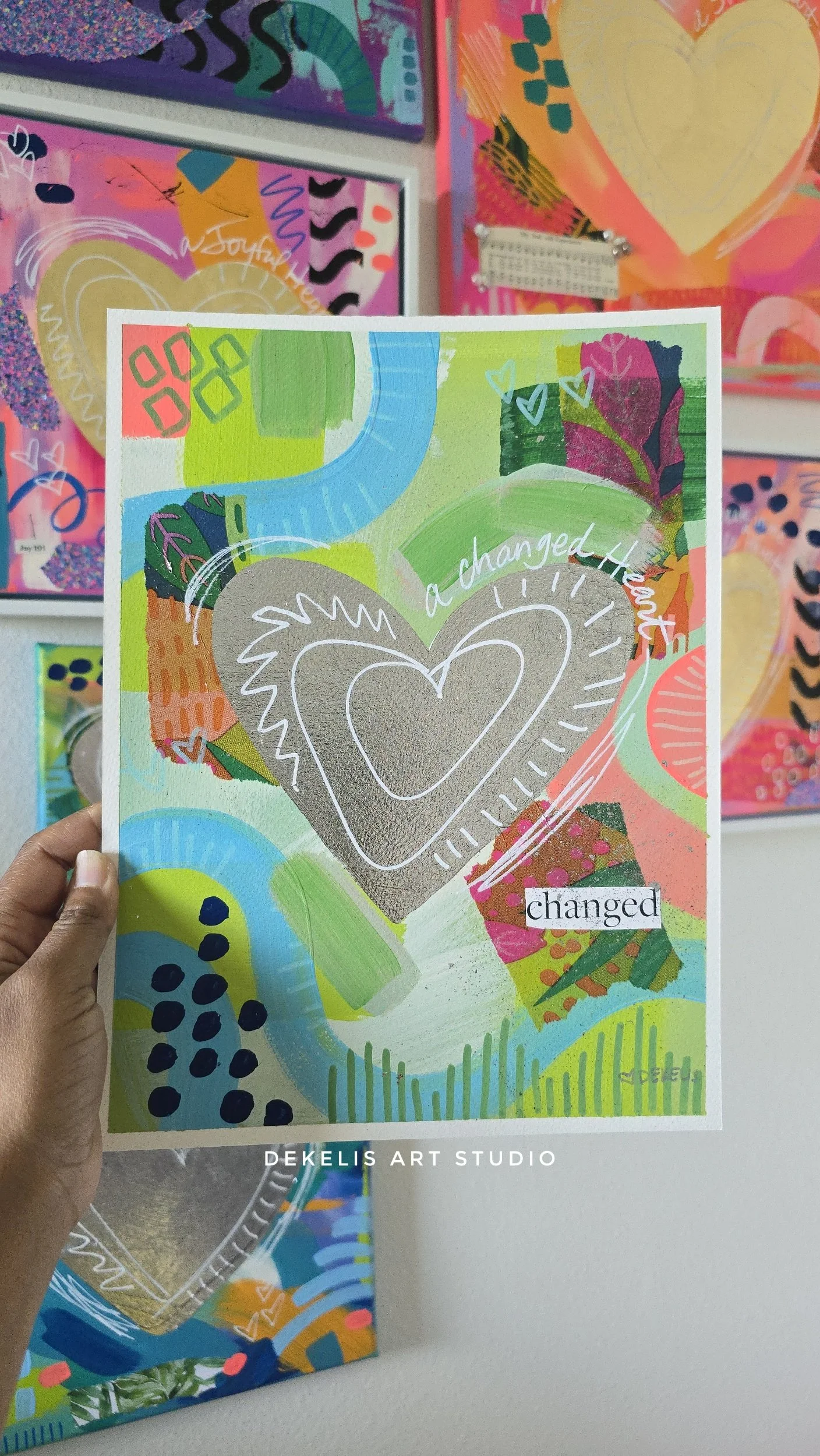 Changed Heart Mixed Media Collage and Acrylic Painting by DeKelis Art Studio