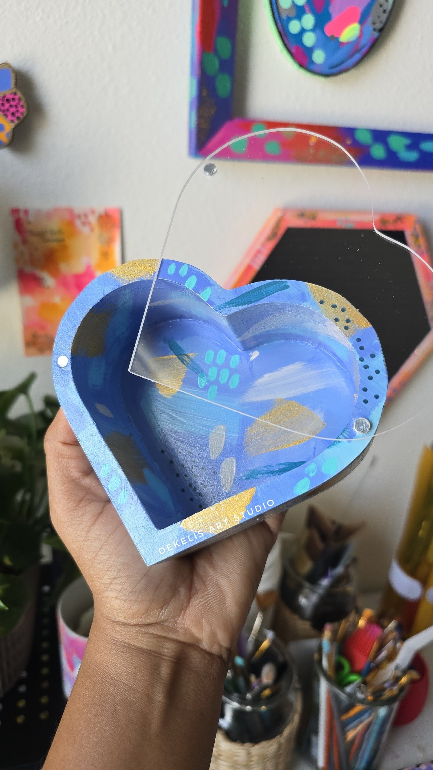 Keepsake Hand-Painted Heart Wood Box with Blue Gold Designs by DeKelis Art Studio