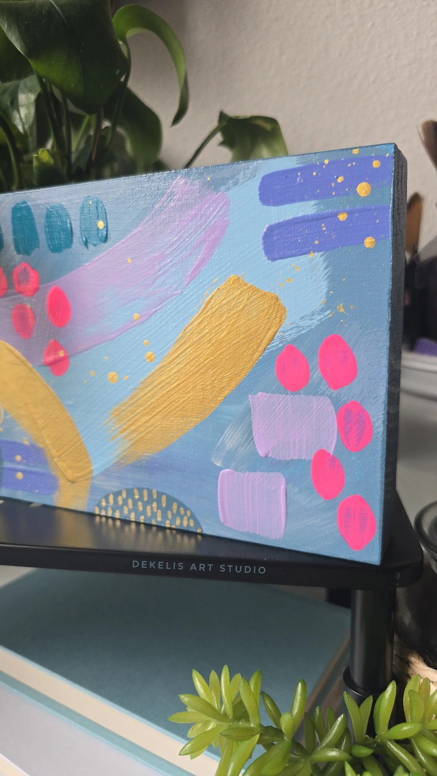 Joyful Abstract Painted Artwork on Wood Block by DeKelis Art Studio