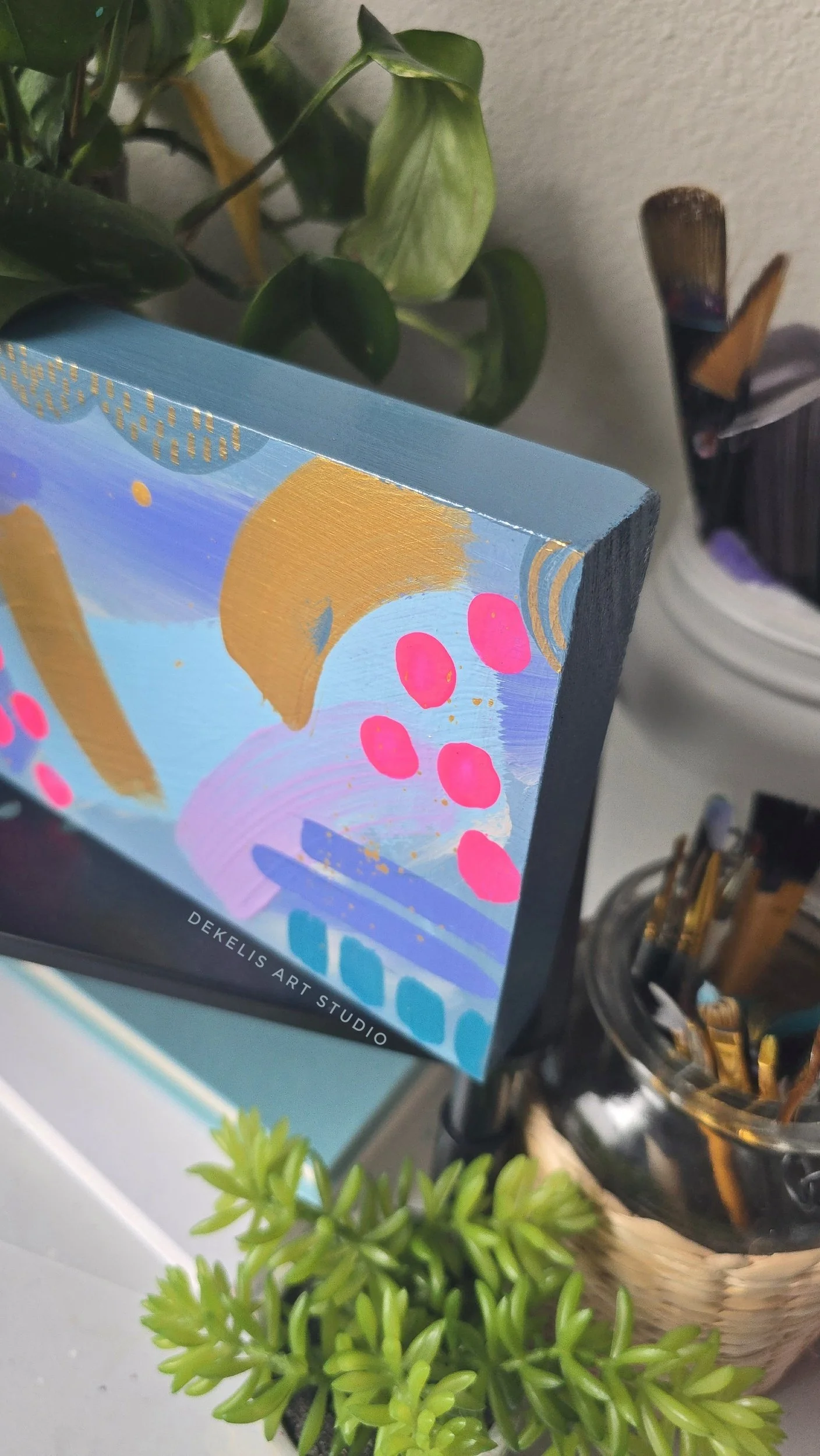 Joyful Abstract Painted Artwork on Wood Block by DeKelis Art Studio