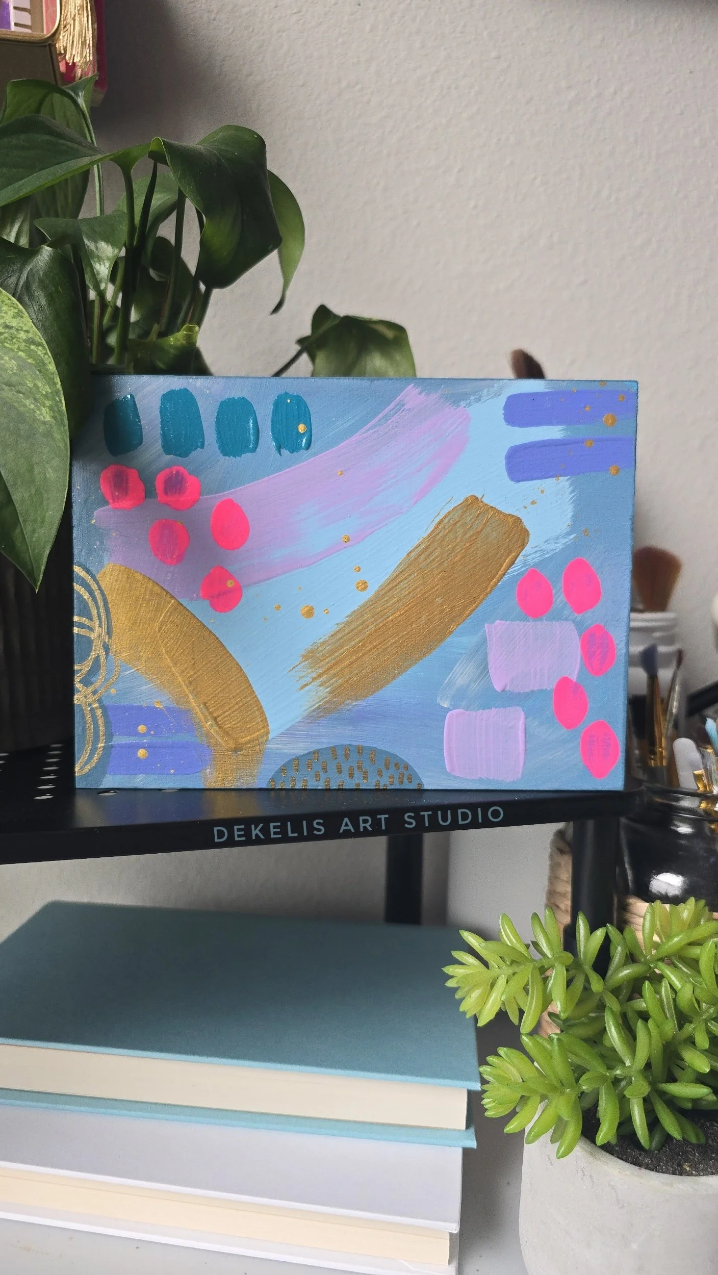 Joyful Abstract Painted Artwork on Wood Block by DeKelis Art Studio