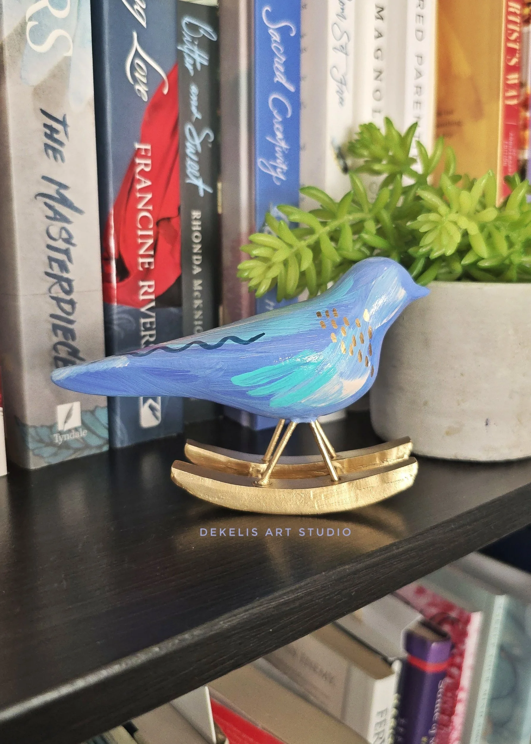 Blue Abstract Little Blue Bird Wood Figurine on a Gold Rocker by DeKelis Art Studio
