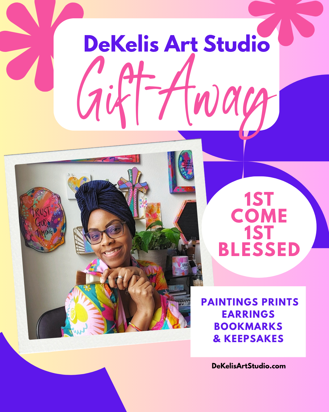 Promo flyer for DeKelis Art Studio Gift-Away Art, Prints, Bookmarks, Earrings and Keepsakes