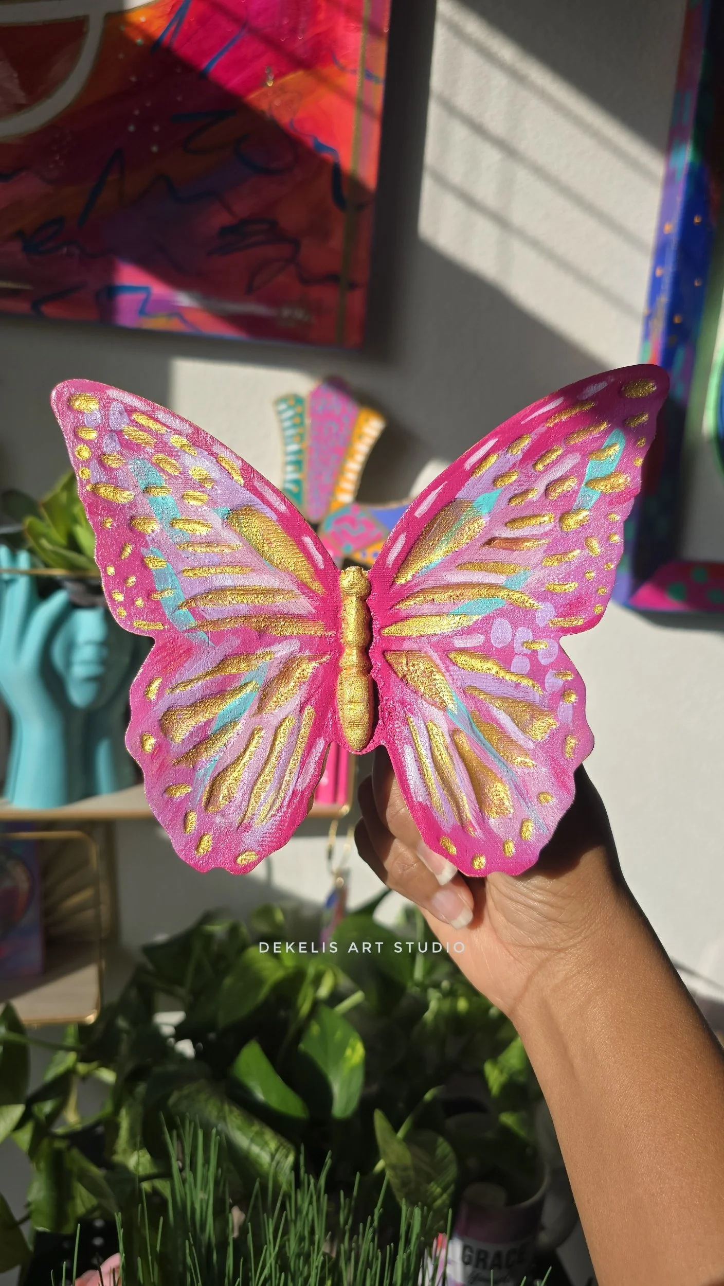 Pink and Metallic Gold Butterfly - Hand Painted Wooden Figurine