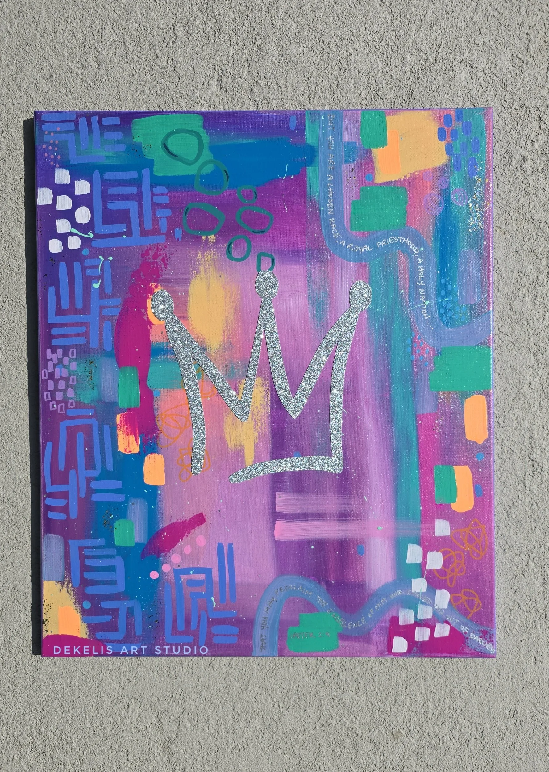 1 Peter 2:9 Crown Bible Verse Painting for Women and Teen Girls Bedroom or Inspirational Dorm Room Art for Christians. Painting in shades of purple, pink, blue, green, teal, yellow and silver.