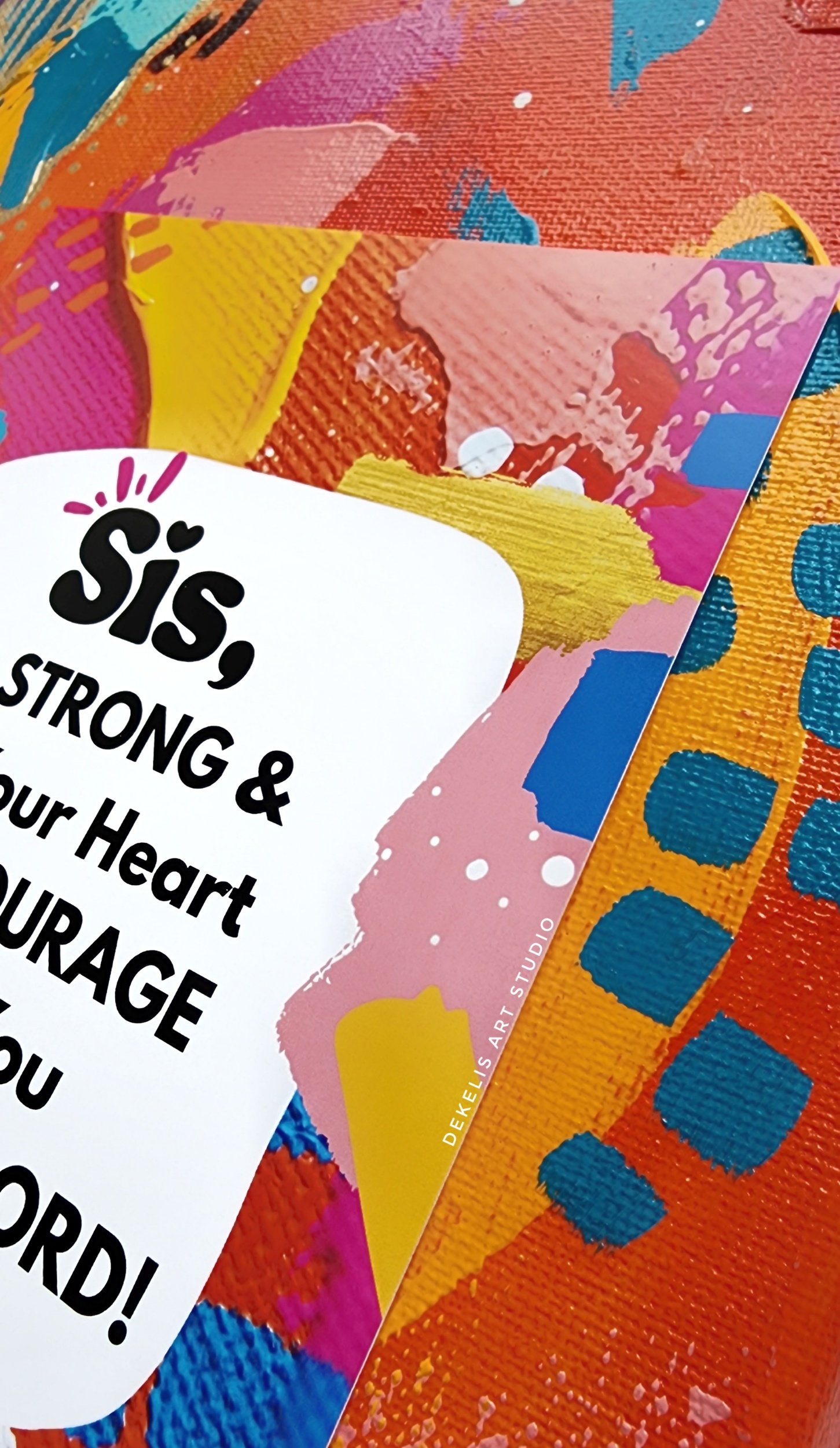 Sis Be Strong and Let Your Heart Take Courage While You Wait On The Lord Christian Bible Verse Art Print with Funky Abstract Graphics and Colorful Print