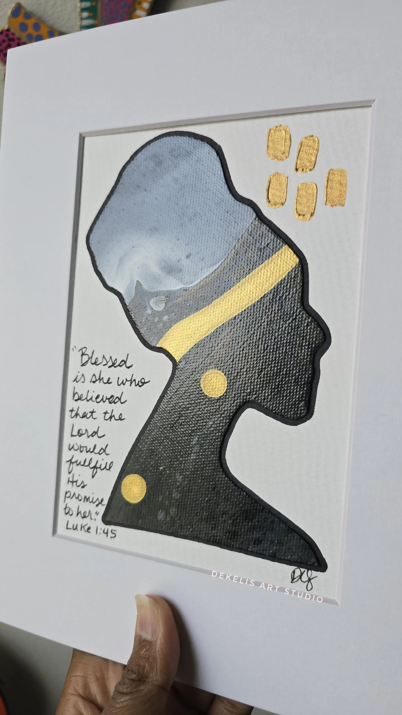 Royale Noire Belle Bible Verse Art with Luke 1:45 - Marbled Artwork of black woman with a headwrap and hand written cursive bible verse inspiration.