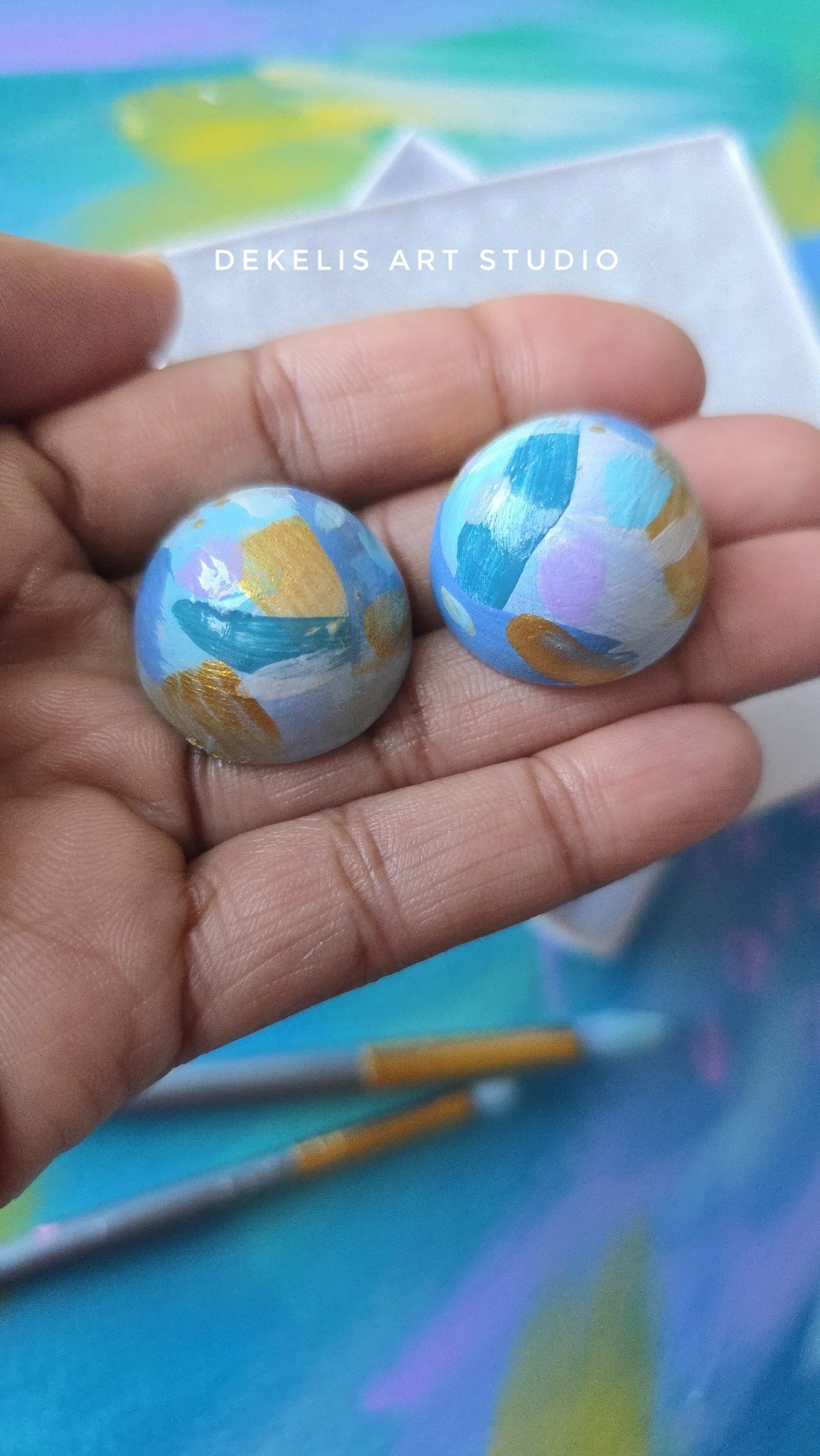 Hand‑Painted Wooden Dome Earrings — Blue, Cream, Teal, Lavender and Metallic Gold