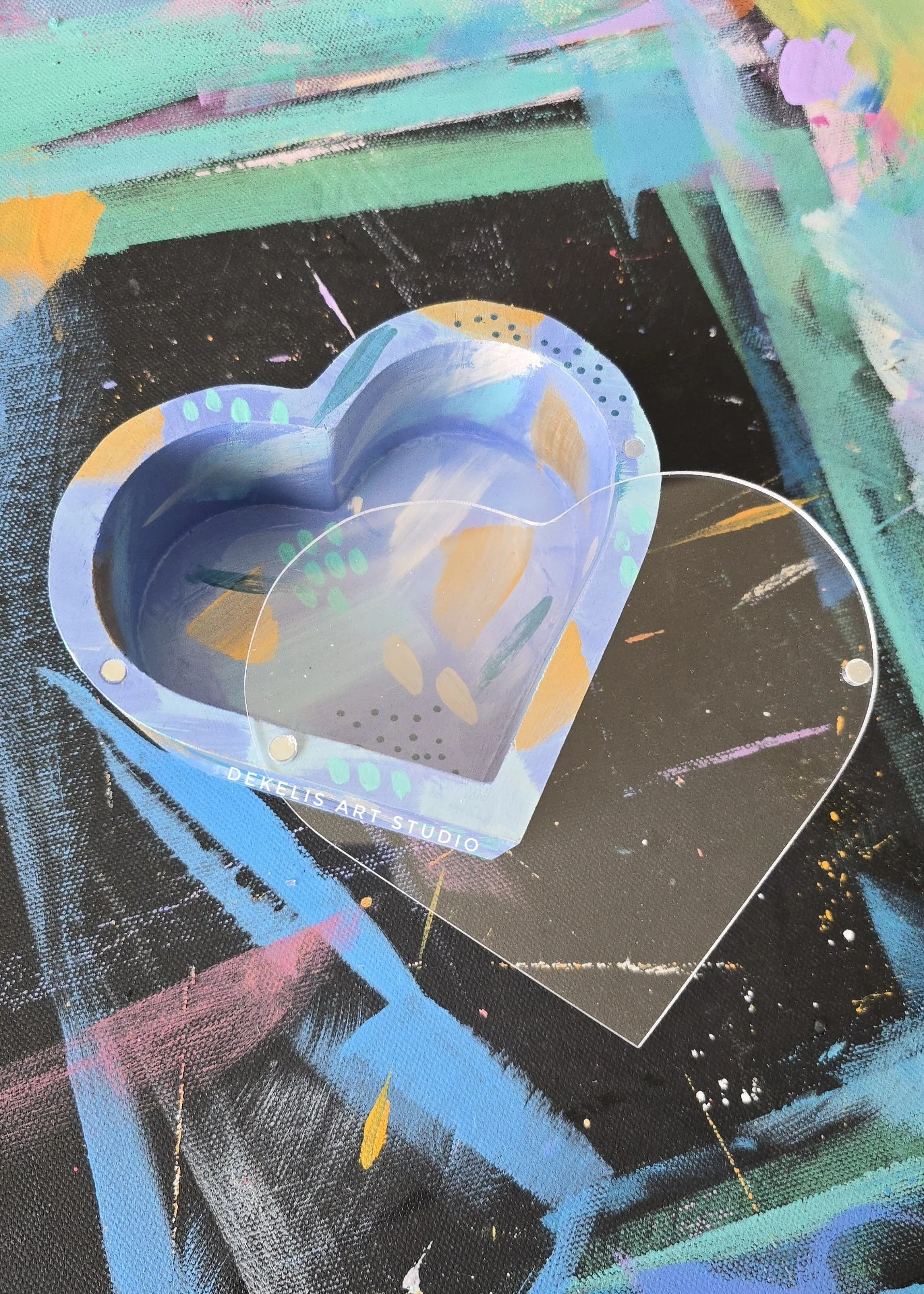 Keepsake Hand-Painted Heart Wood Box with Blue Gold Designs by DeKelis Art Studio