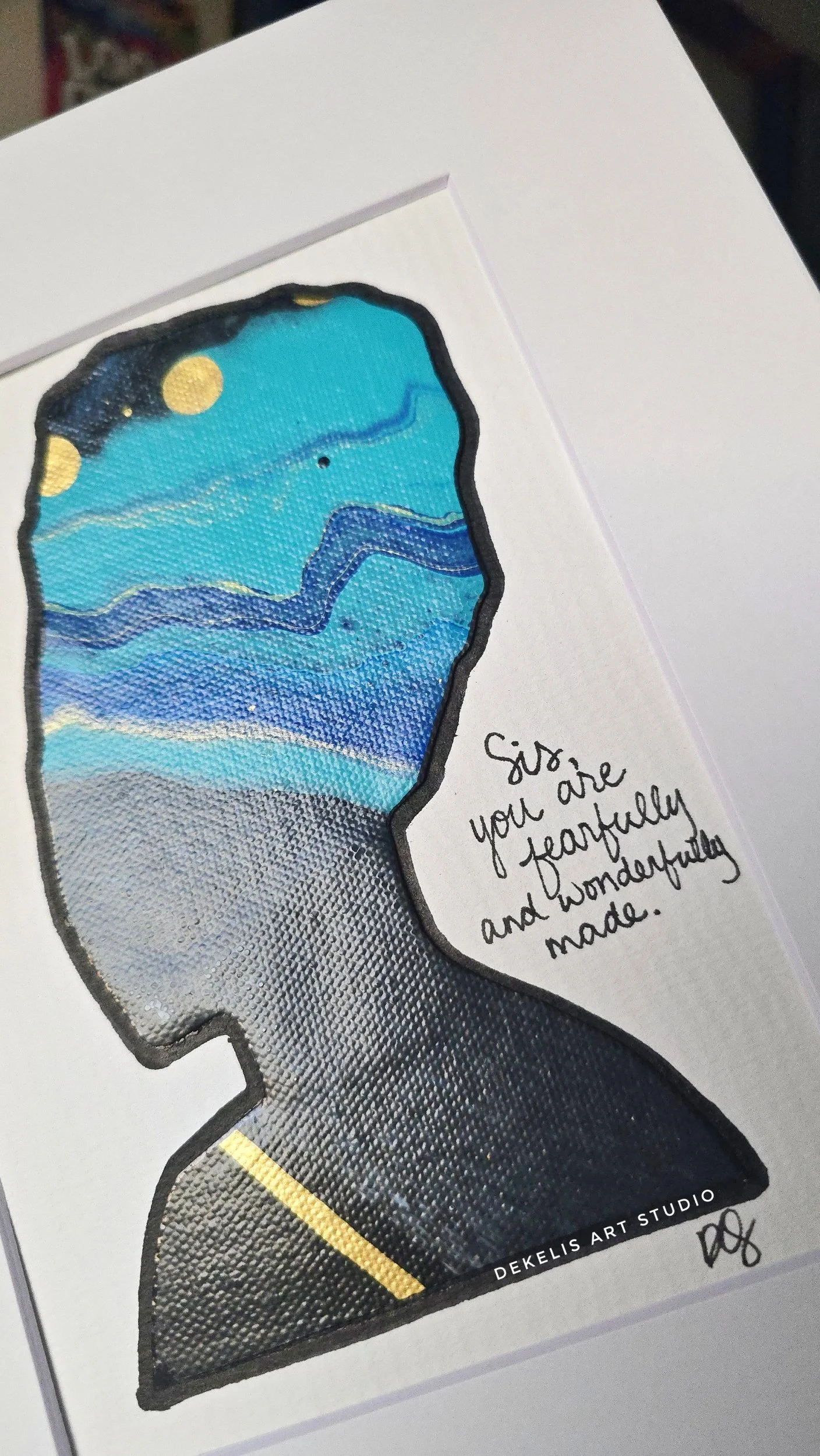 “Royale Noire Belle 3” is a marbled, hand-painted, abstract artwork on a 5” x 7” x watercolor paper. 