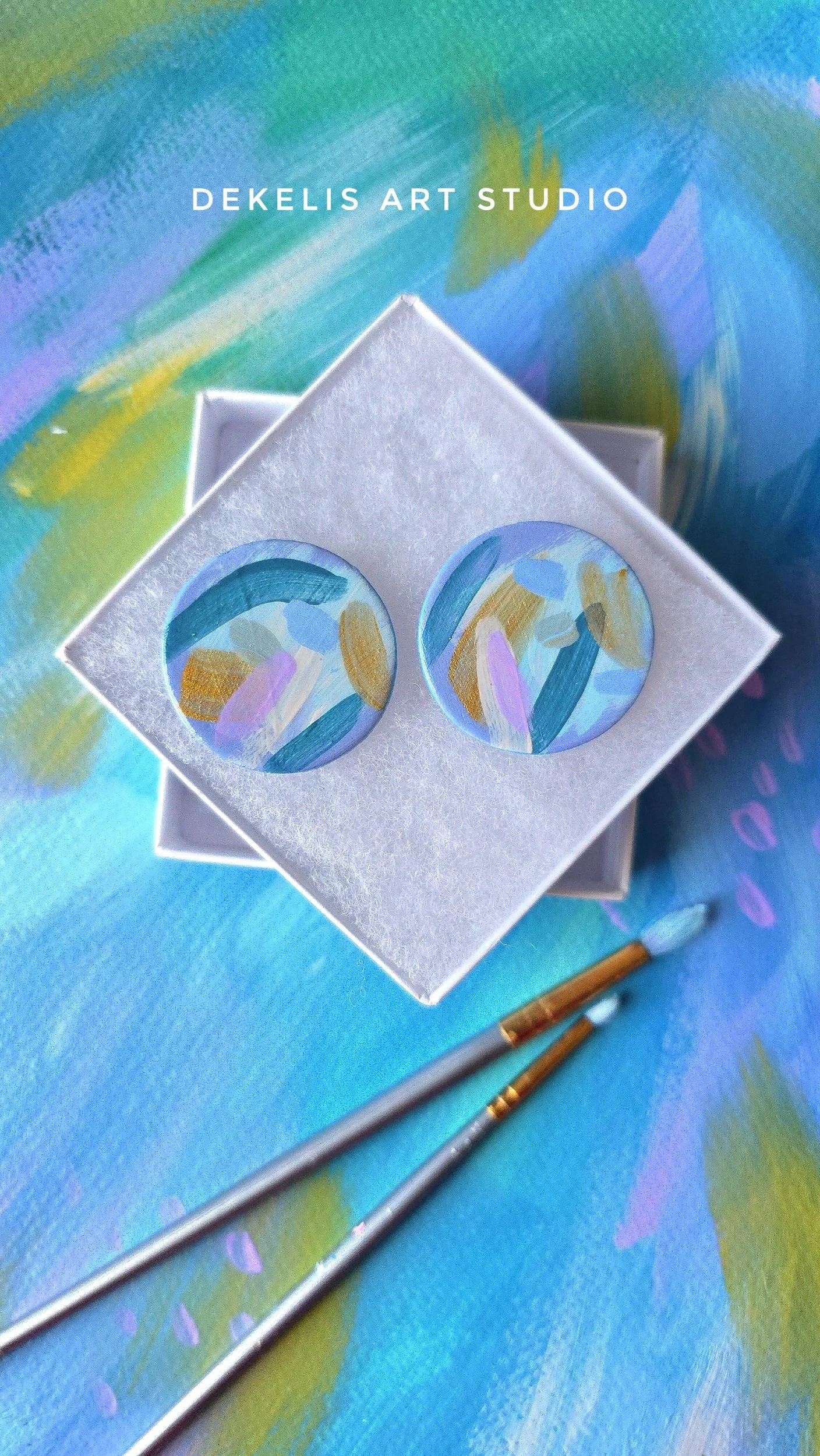 "Flourish" No. 3 - Blue and Gold Hand Painted Wooden Stud Earrings