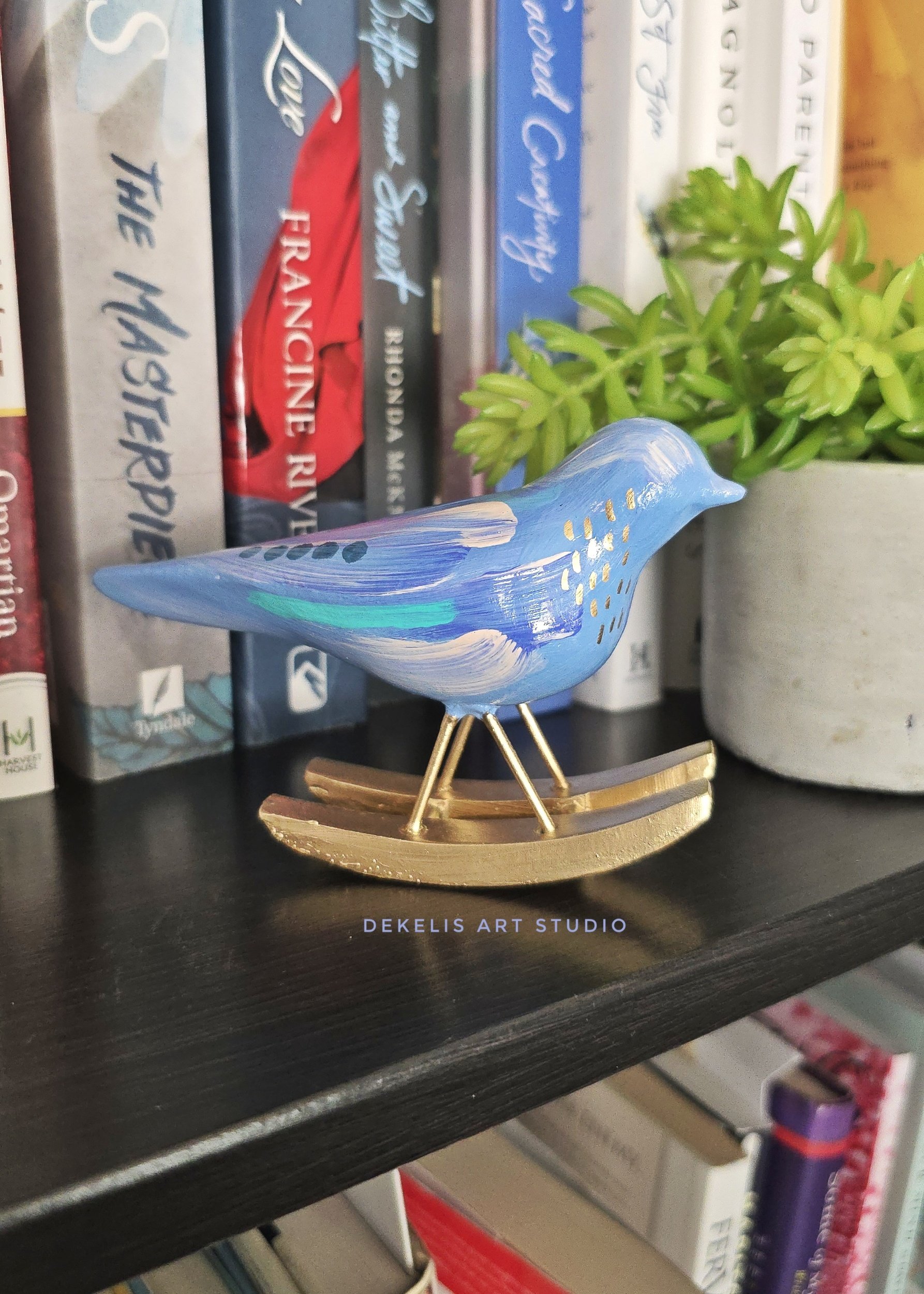 Blue Abstract Little Blue Bird Wood Figurine on a Gold Rocker by DeKelis Art Studio