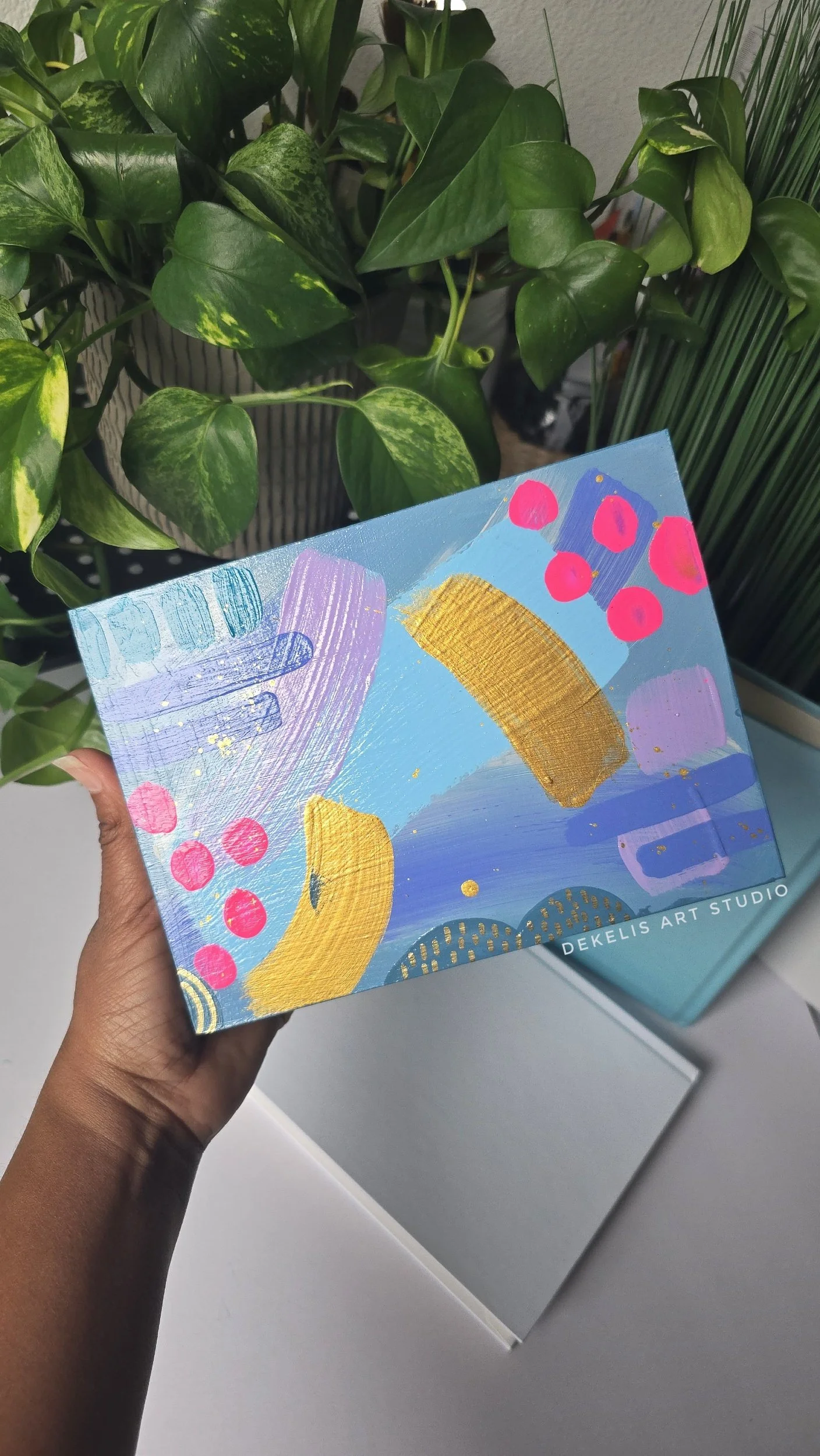 Joyful Abstract Painted Artwork on Wood Block by DeKelis Art Studio