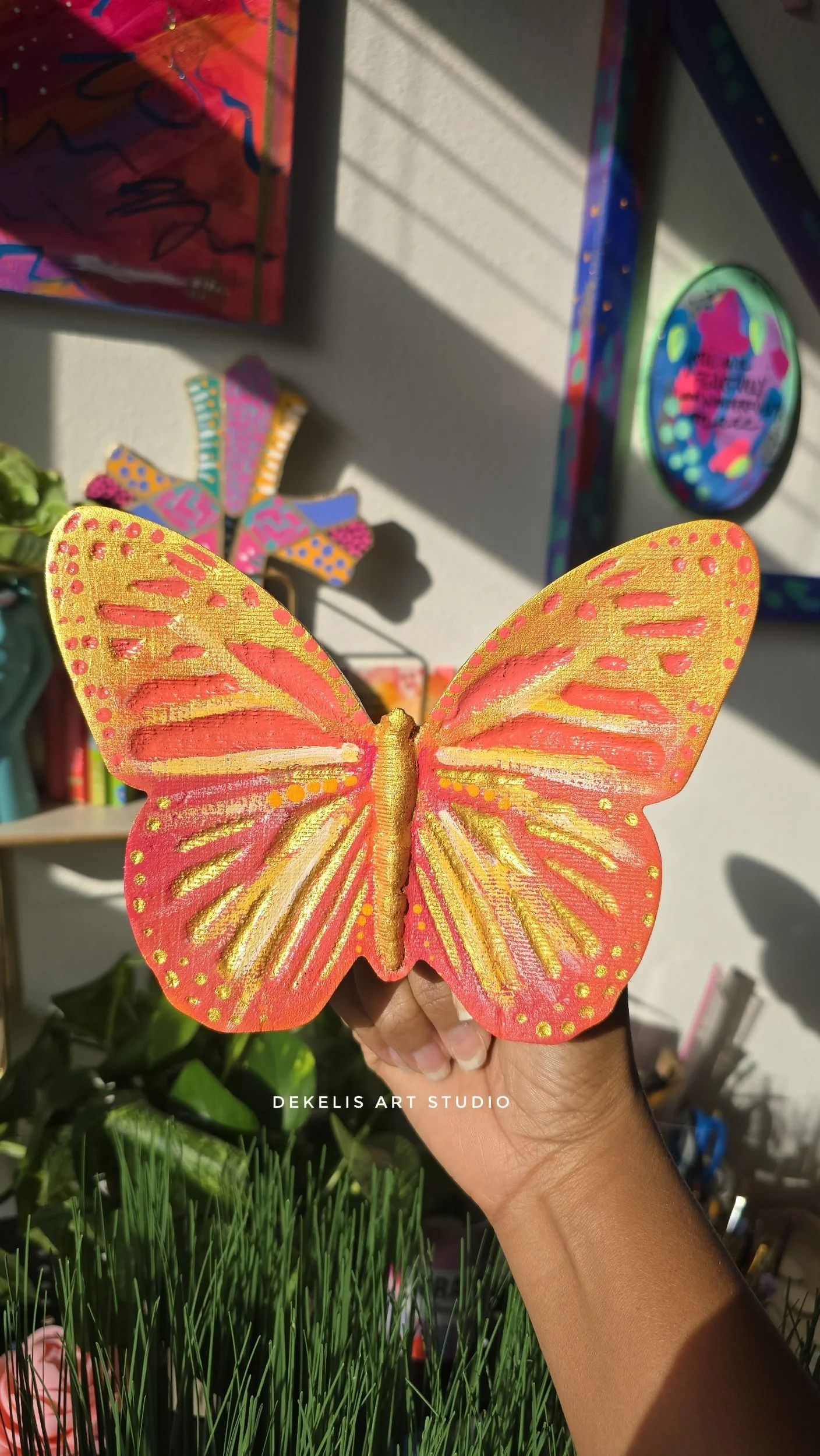 Orange and Metallic Gold Butterfly - Hand Painted Wooden Figurine