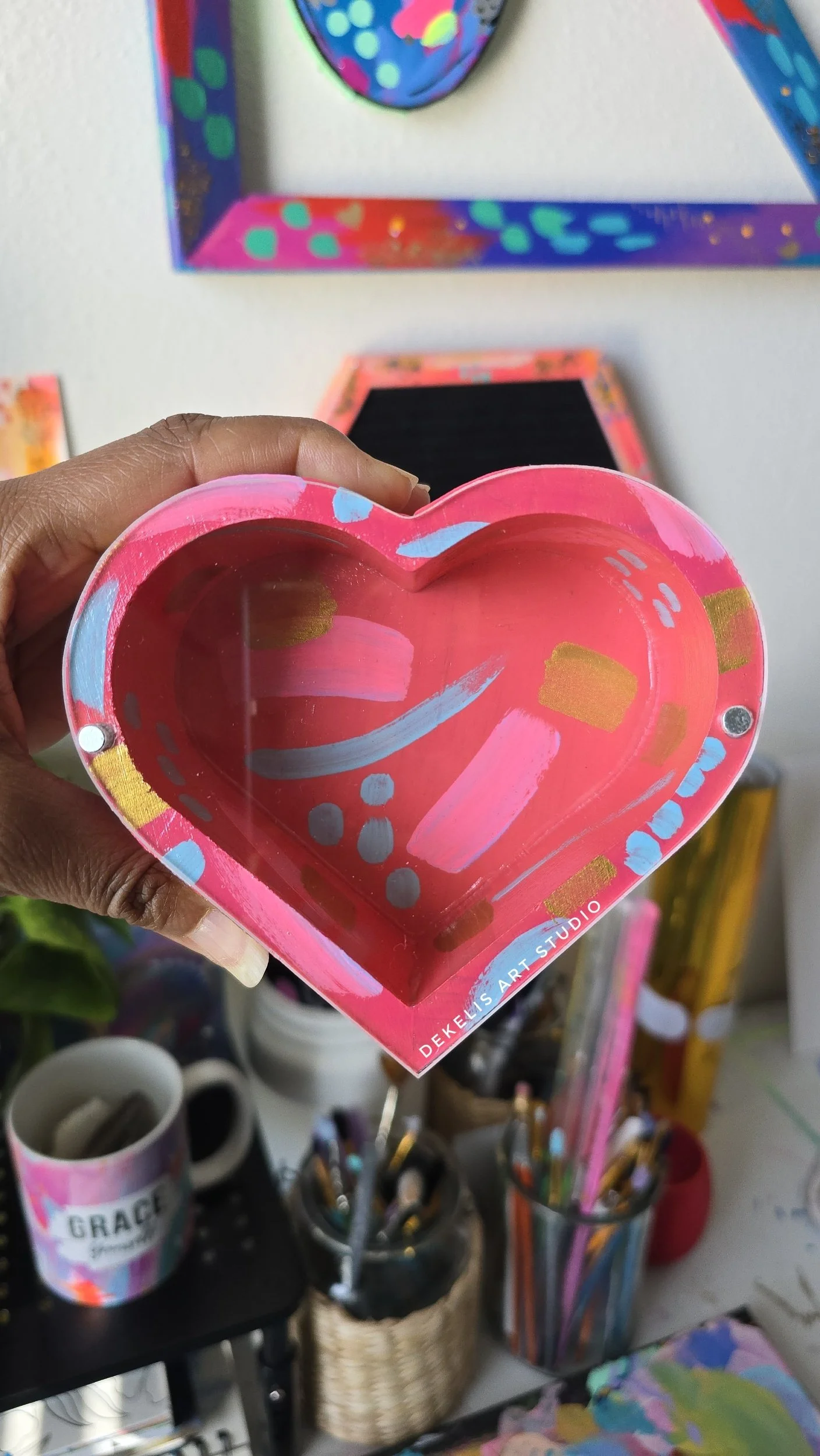 Keepsake Hand-Painted Heart Wood Box with Pink Designs by DeKelis Art Studio