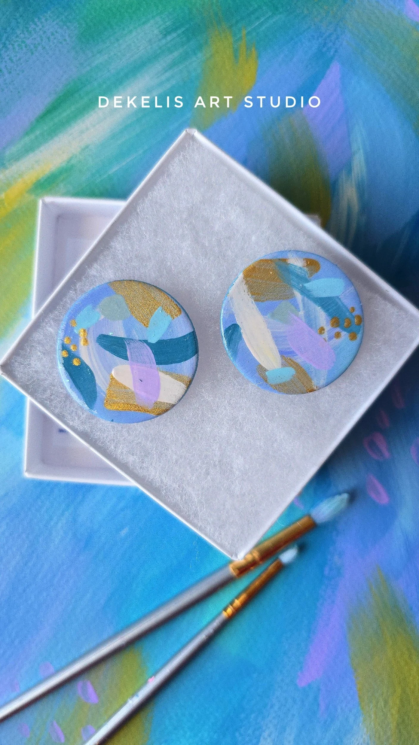 "Flourish" No. 2 - Blue and Gold Hand Painted Wooden Stud Earrings