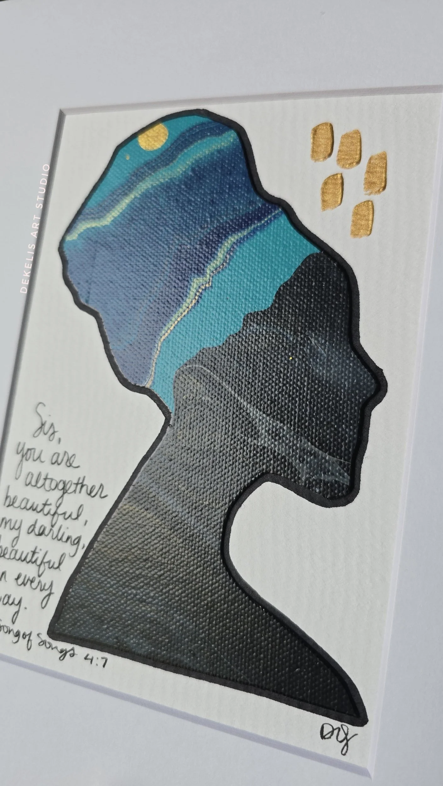 Royale Noire Belle Bible Verse Art with Song of Songs 4:7 - Marbled Artwork of black woman with a headwrap and hand written cursive bible verse inspiration.