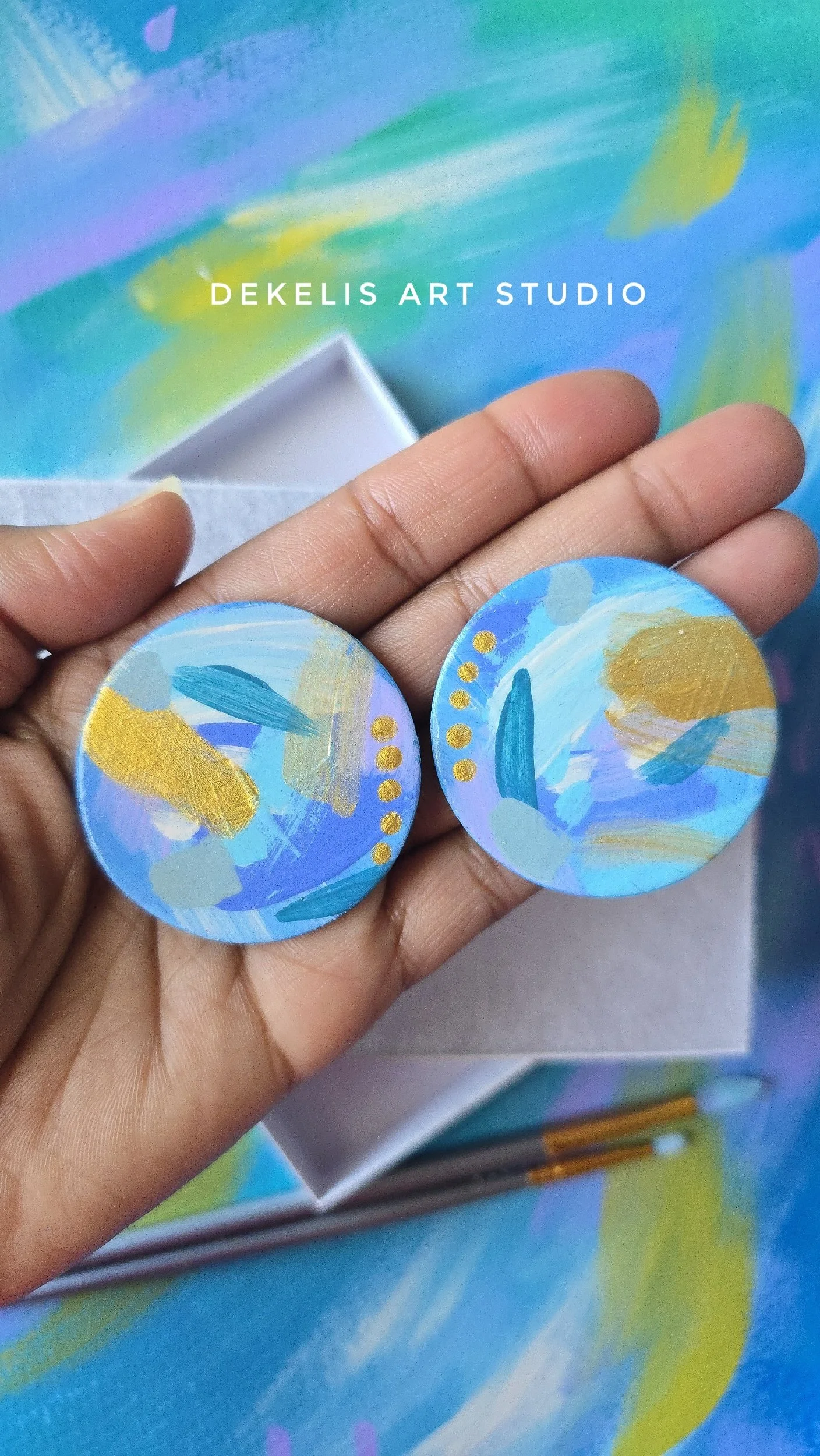 Hand‑Painted Wooden Circle Earrings — Blue, Cream, Teal, Lavender and Metallic Gold by DeKelis Art Studio