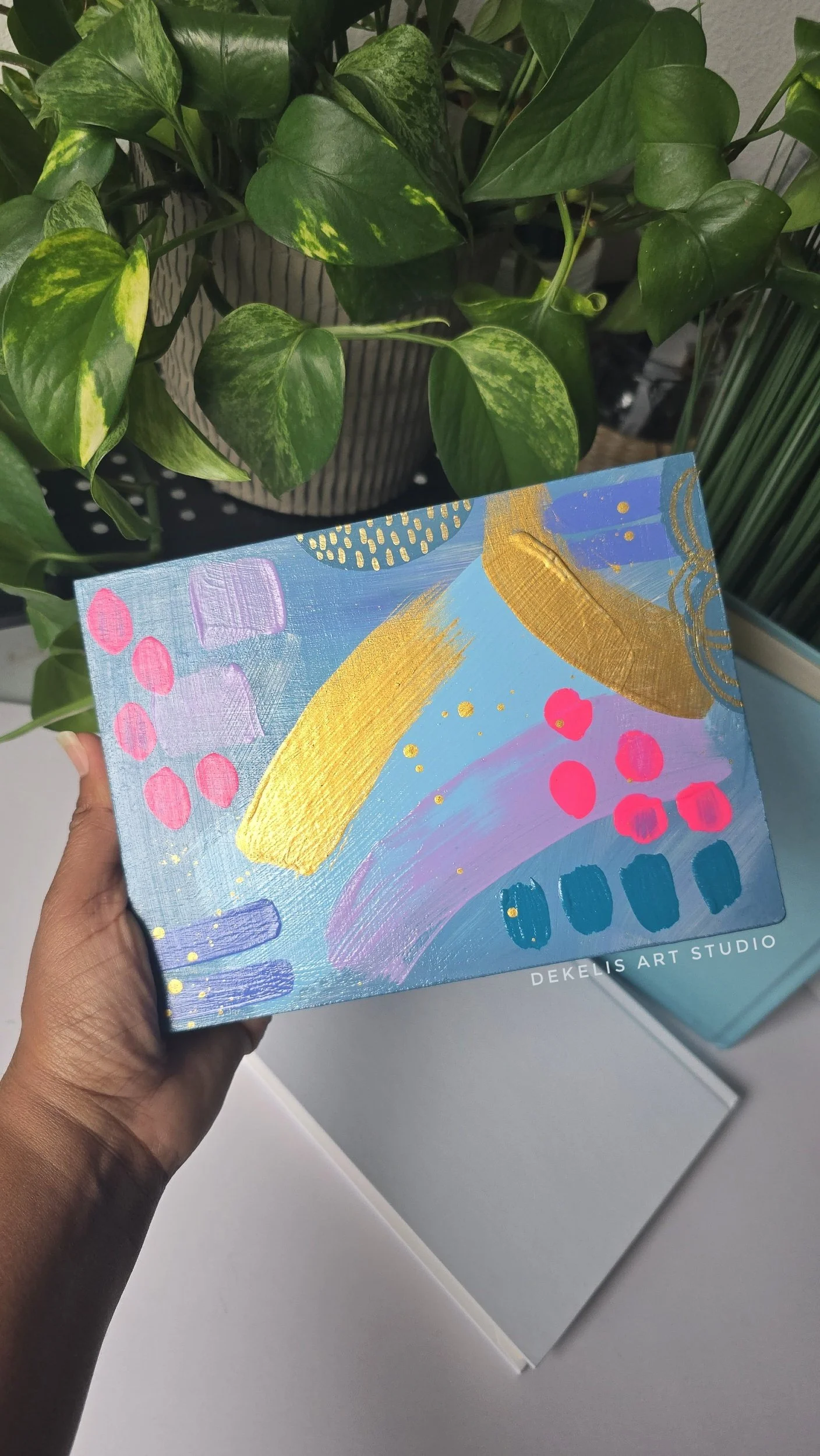 Joyful Abstract Painted Artwork on Wood Block by DeKelis Art Studio